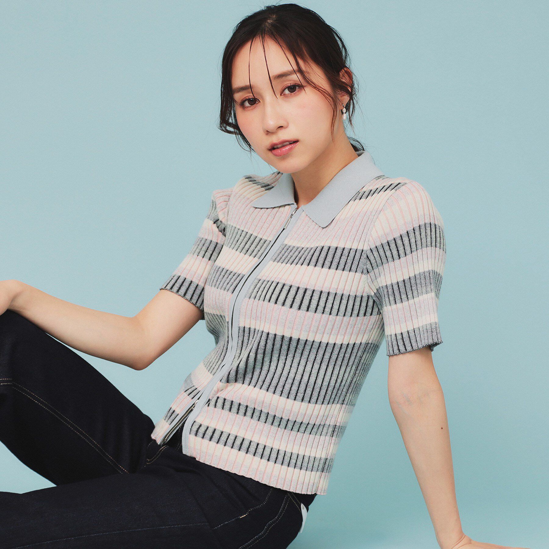 index「マルチボーダーダブルジップニット【洗濯機洗い可】」|カーディガン|ミントグリーン(32