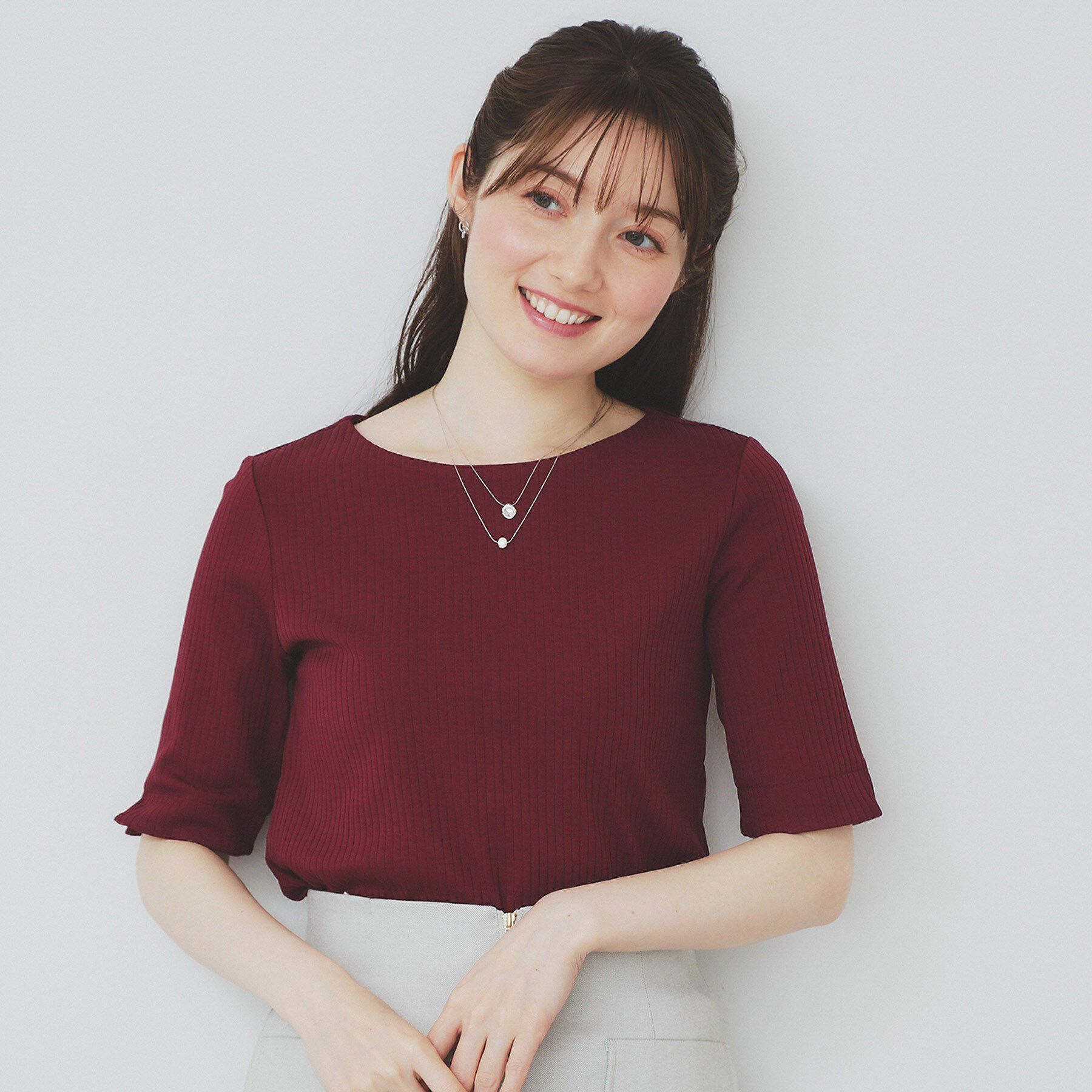 index「《7色展開/XS-LLサイズ》ボートネックリブトップス【UV/洗濯機洗い可】」|Tシャツ・カットソー|ボルドー(064)