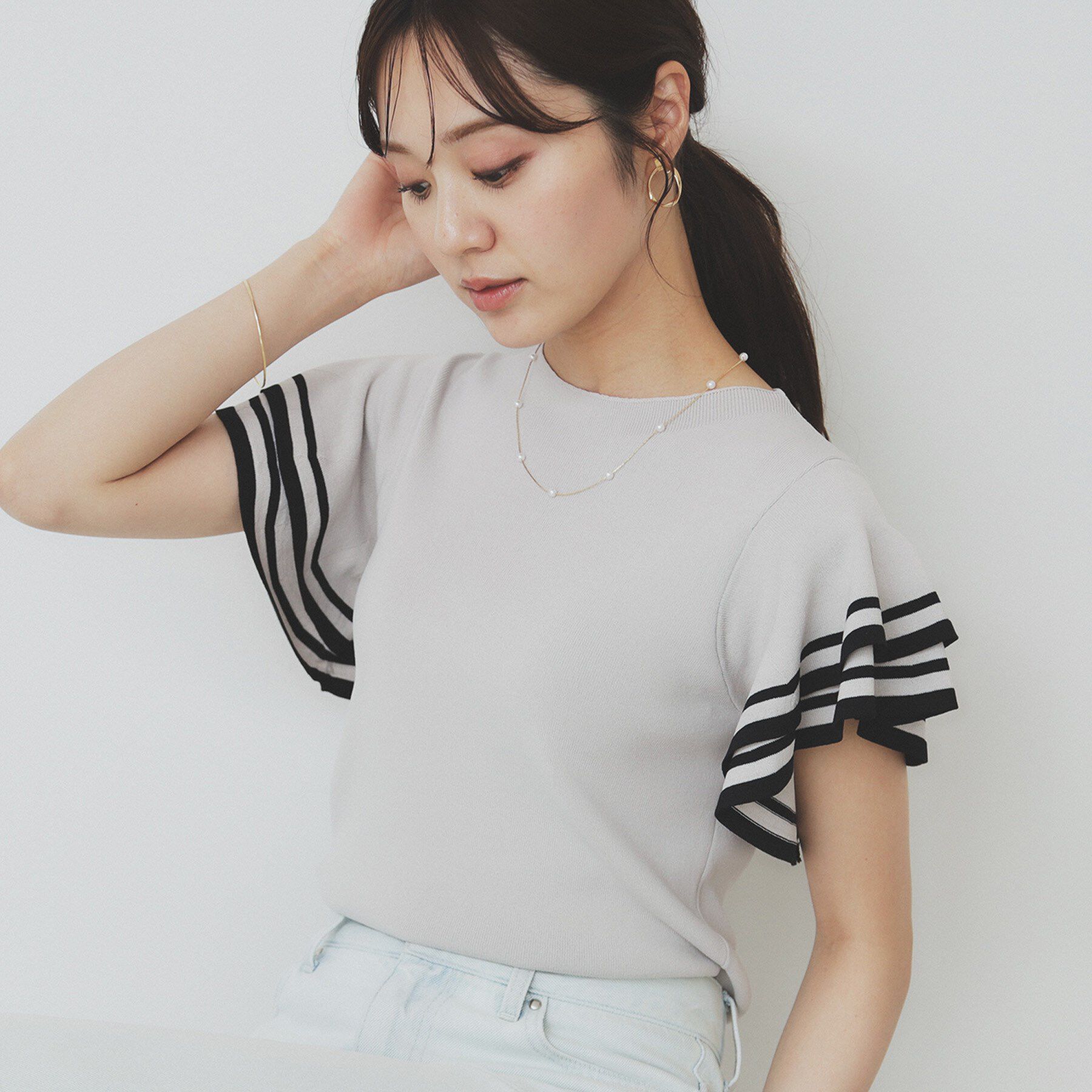 index「ボーダーフリルスリーブニット【洗濯機洗い可】」|ニット・セーター|