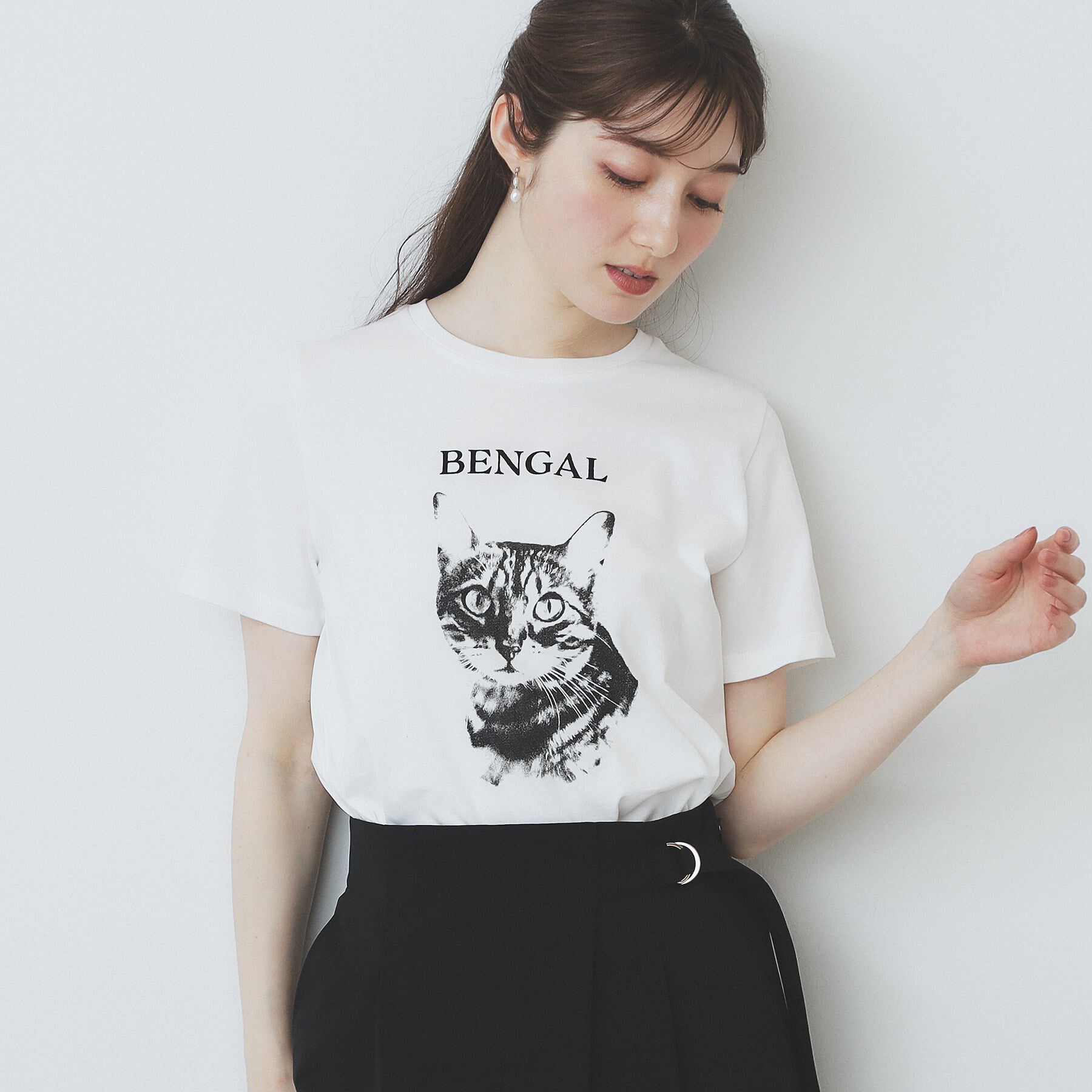 index「ねこプリントTシャツ【洗濯機洗い可】」|Tシャツ・カットソー|ホワイト(001)