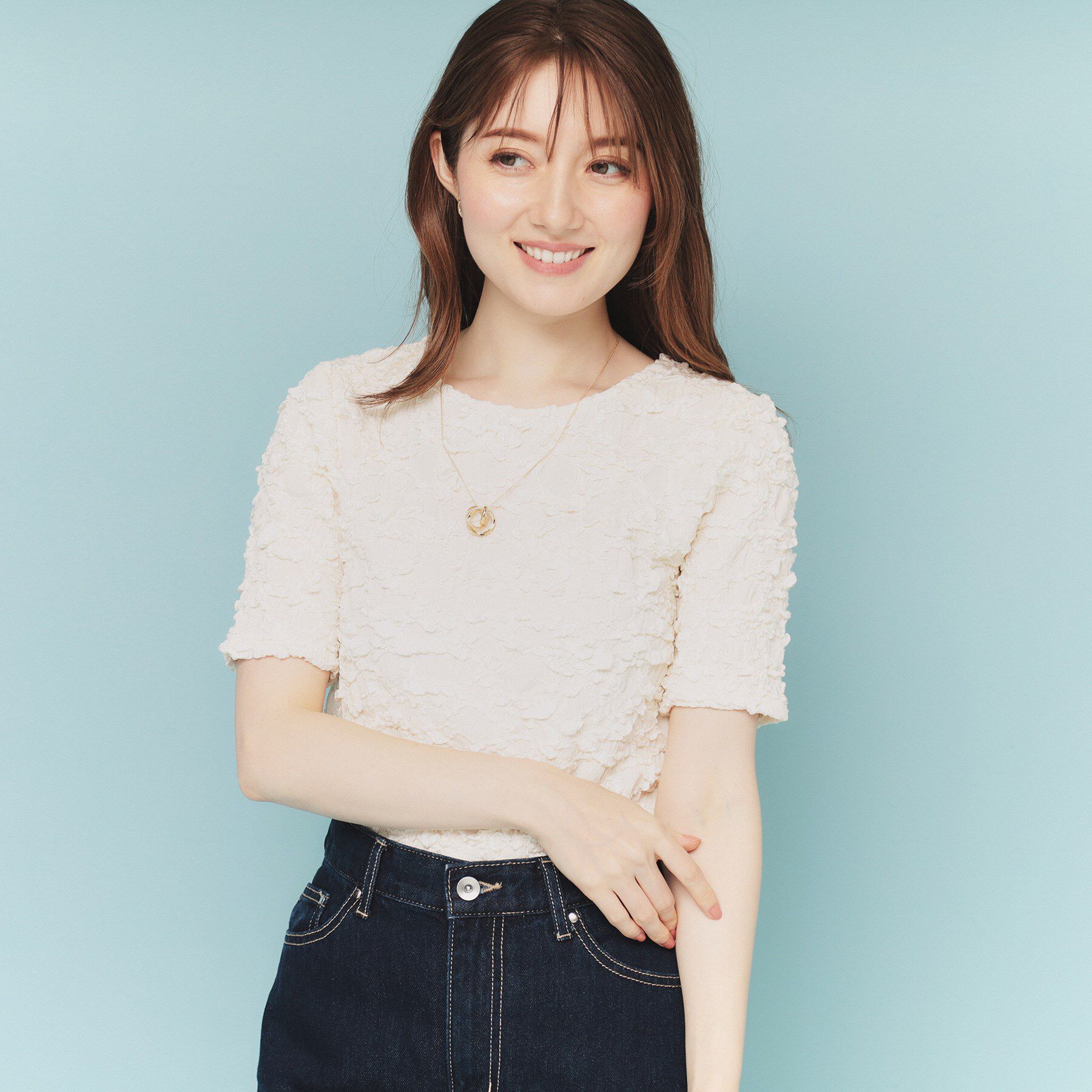 index「ジャカードコンパクトトップス【洗濯機洗い可】」|Tシャツ・カットソー|オフホワイト(003