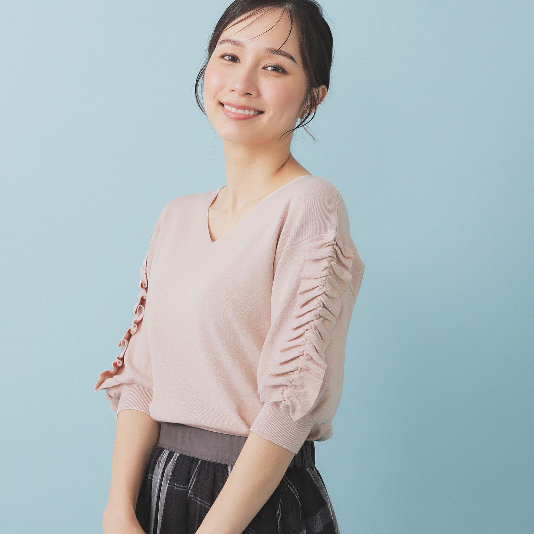 index「ラップフリルVネックニット【洗濯機洗い可/接触冷感/UVケア】」|ニット・セーター|ライトピンク(070