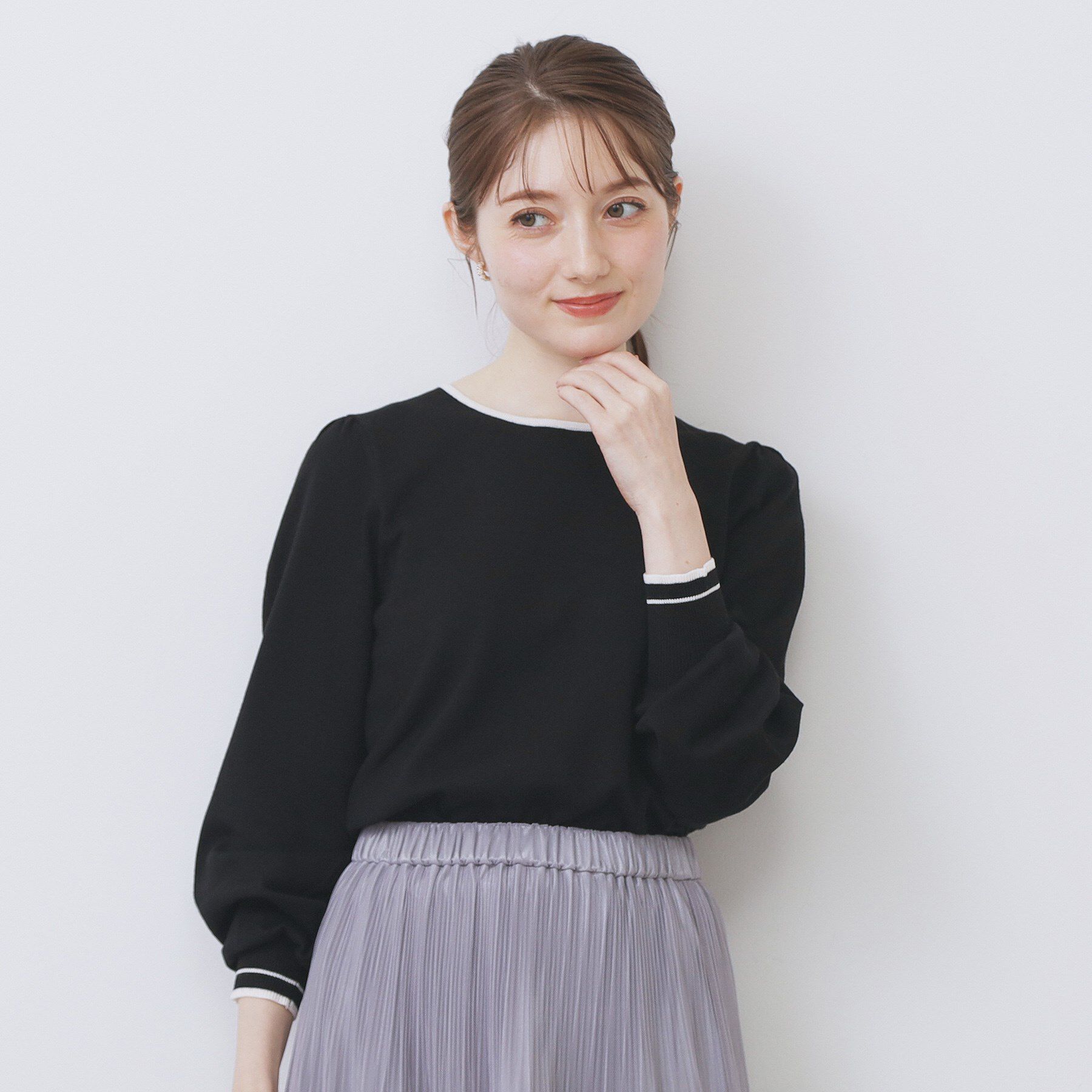 index「バイカラーパフスリーブニット【洗濯機OK】」|ニット・セーター|ブラック(519)