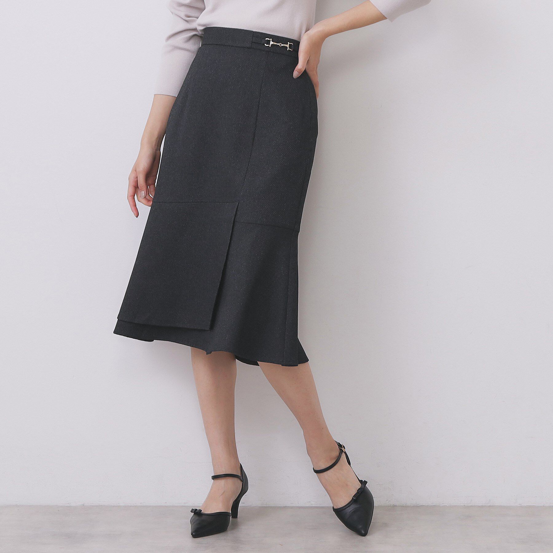 index「カルゼツイードアシメフレアスカート【洗濯機OK/防シワ/イージーアイロン/抗ピル】」|スカート|ネイビー(094)