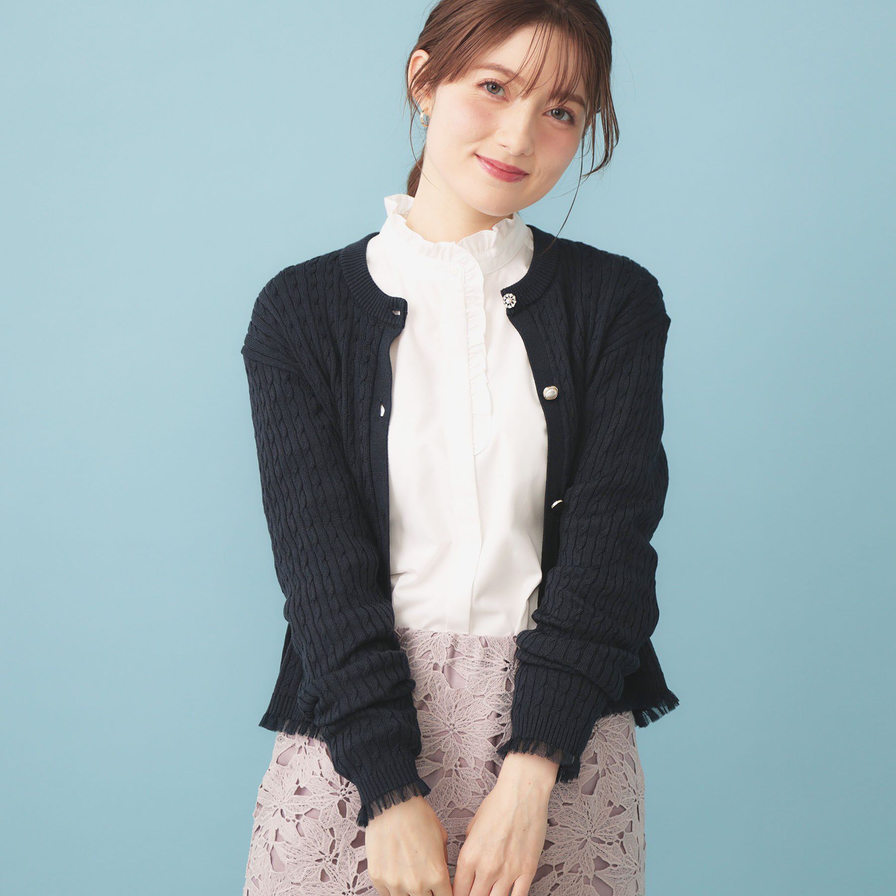 index「袖シアーフリルケーブルラメカーディガン【洗濯機OK/抗ピル】」|カーディガン|ネイビー(694)