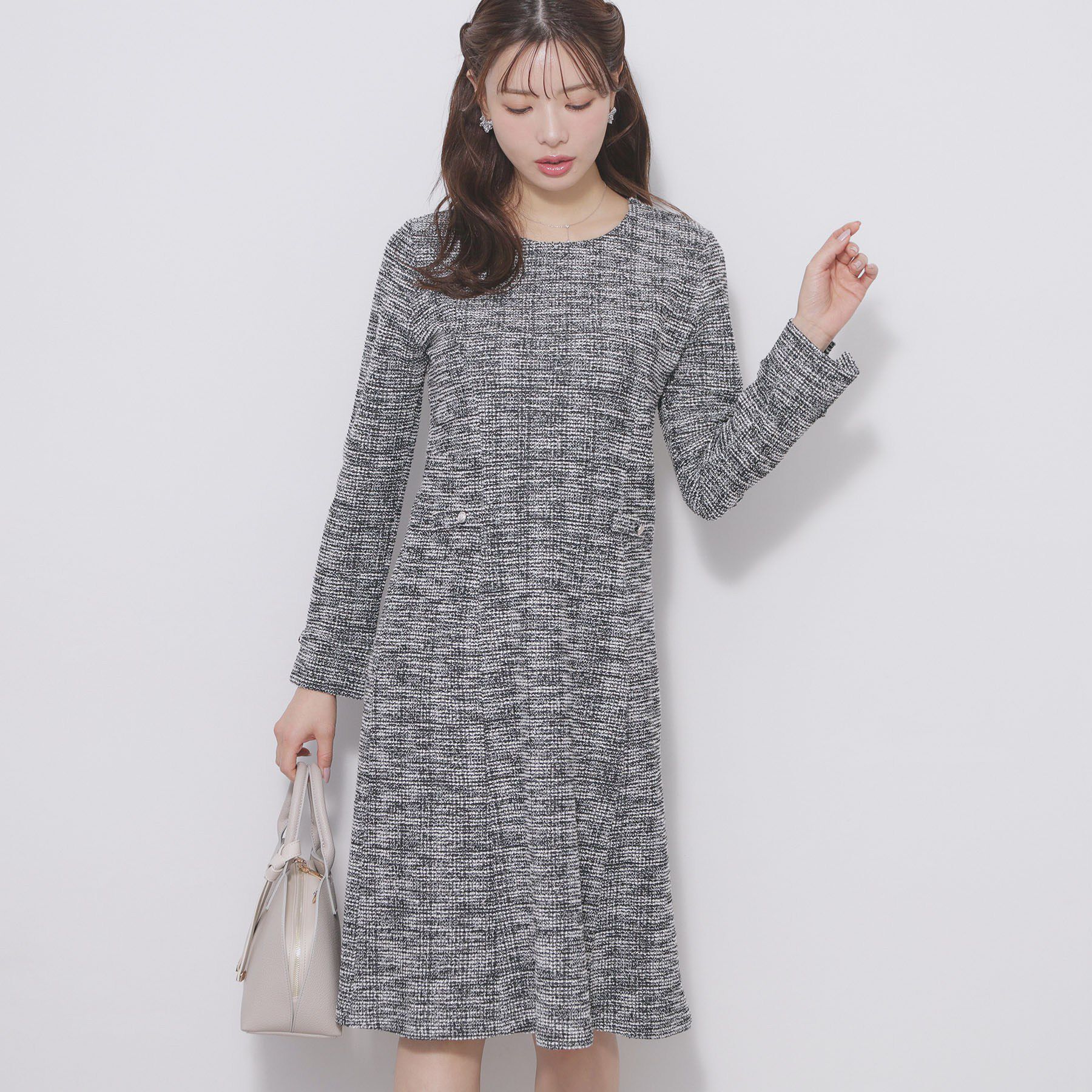 index「ミックスツィードフレアワンピース【洗える/イージーアイロン/ストレッチ】《S～3L》」|ワンピース|ブラック(419)