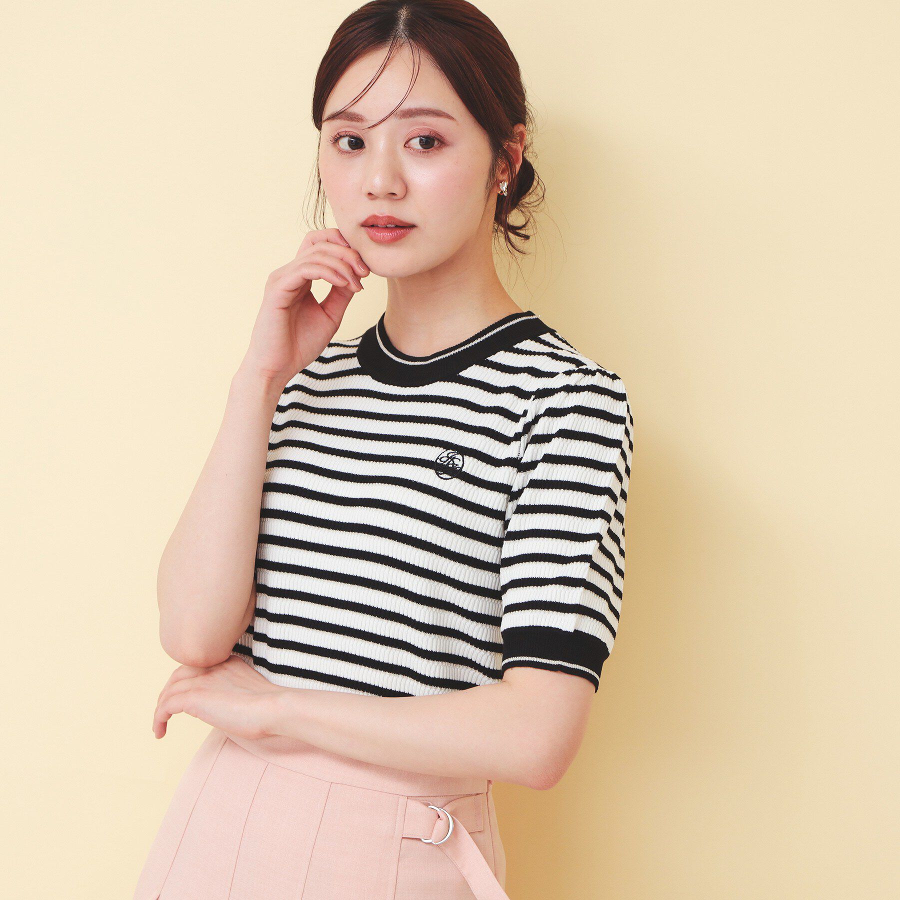 index「変わり編みボーダー半袖ニット【洗濯機OK/抗ピル】」|ニット・セーター|ブラック(319)