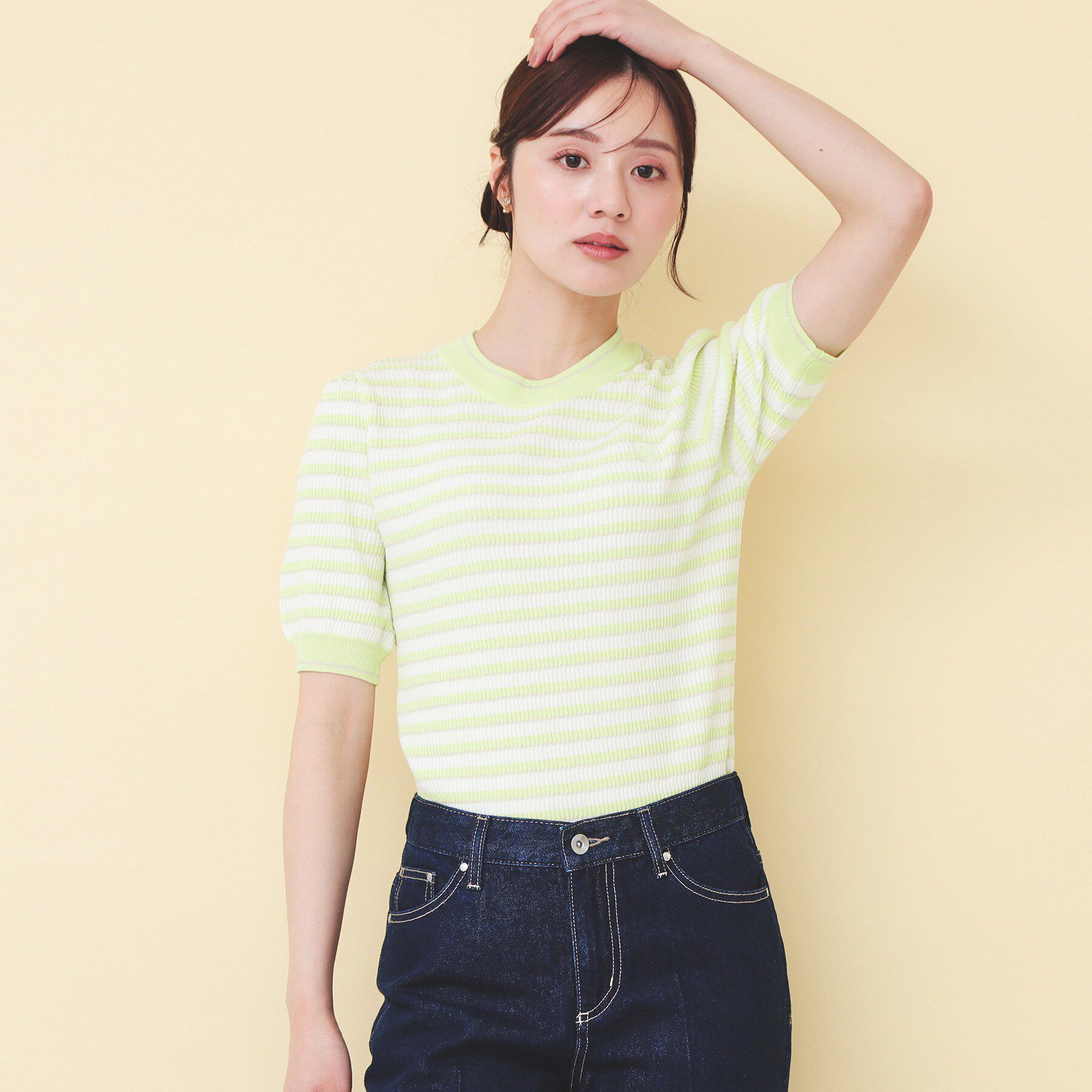 index「変わり編みボーダー半袖ニット【洗濯機OK/抗ピル】」|ニット・セーター|