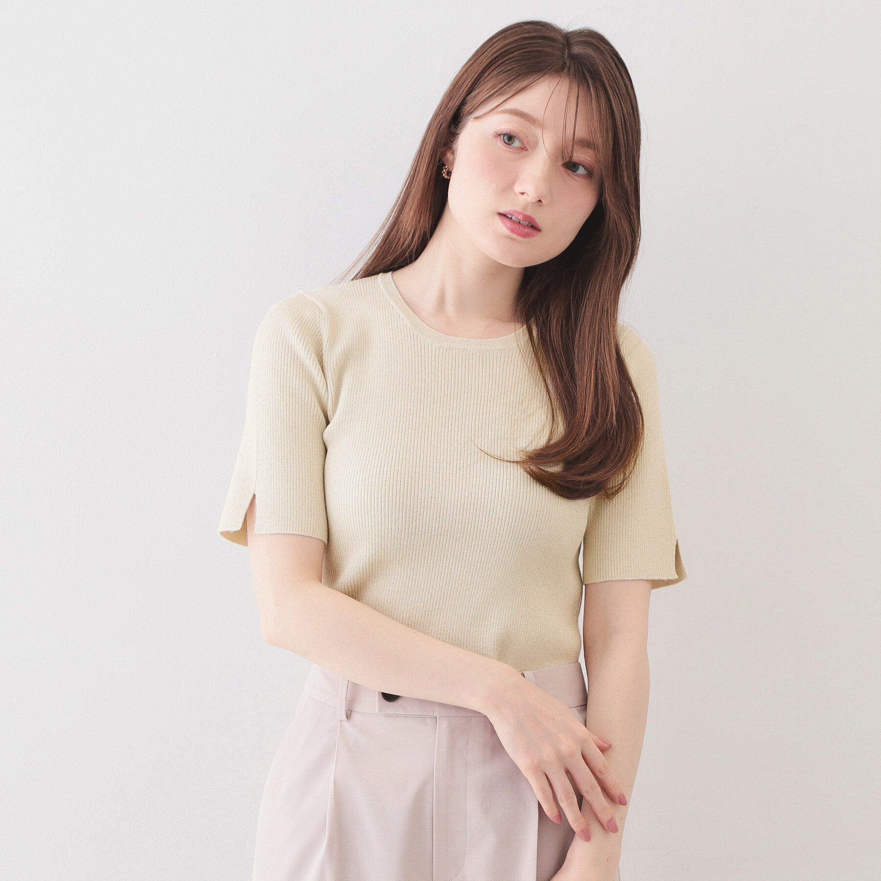 index「ラメリブ半袖ニット【洗濯機OK】」|ニット・セーター|オフホワイト(603