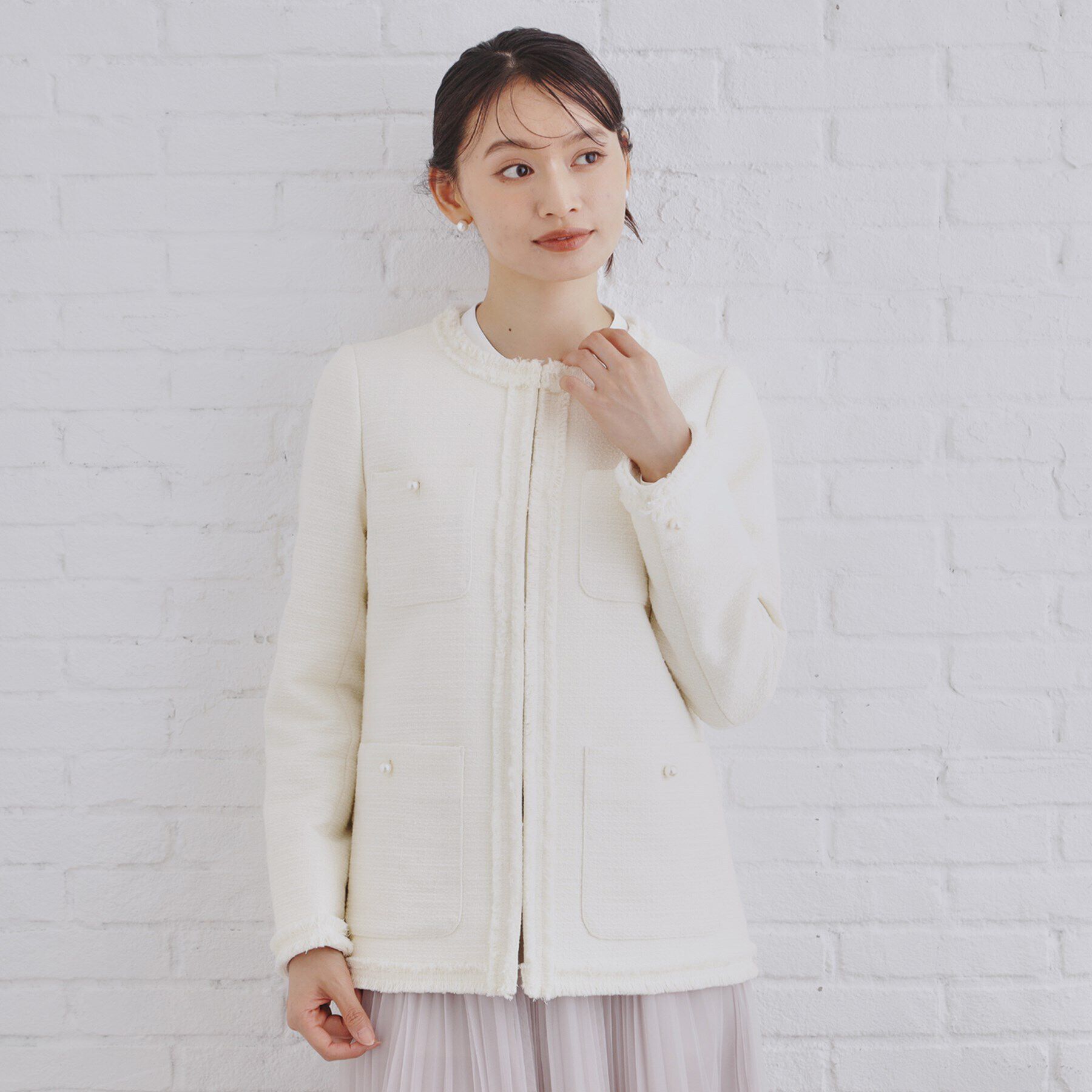 OPAQUE.CLIP「《通勤・セレモニー対応》コットンツイードミドルジャケット」|ノーカラージャケット|