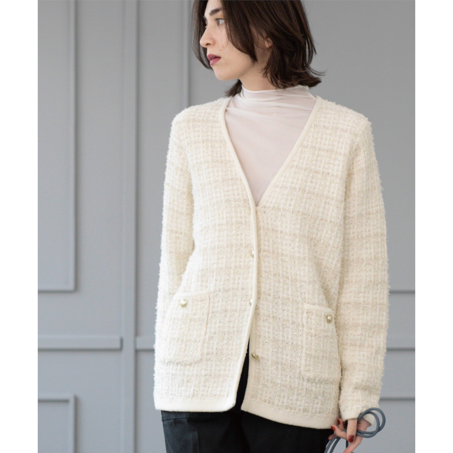 OPAQUE.CLIP「ツイードライクVニットカーディガン【洗濯機洗い可】」|カーディガン|