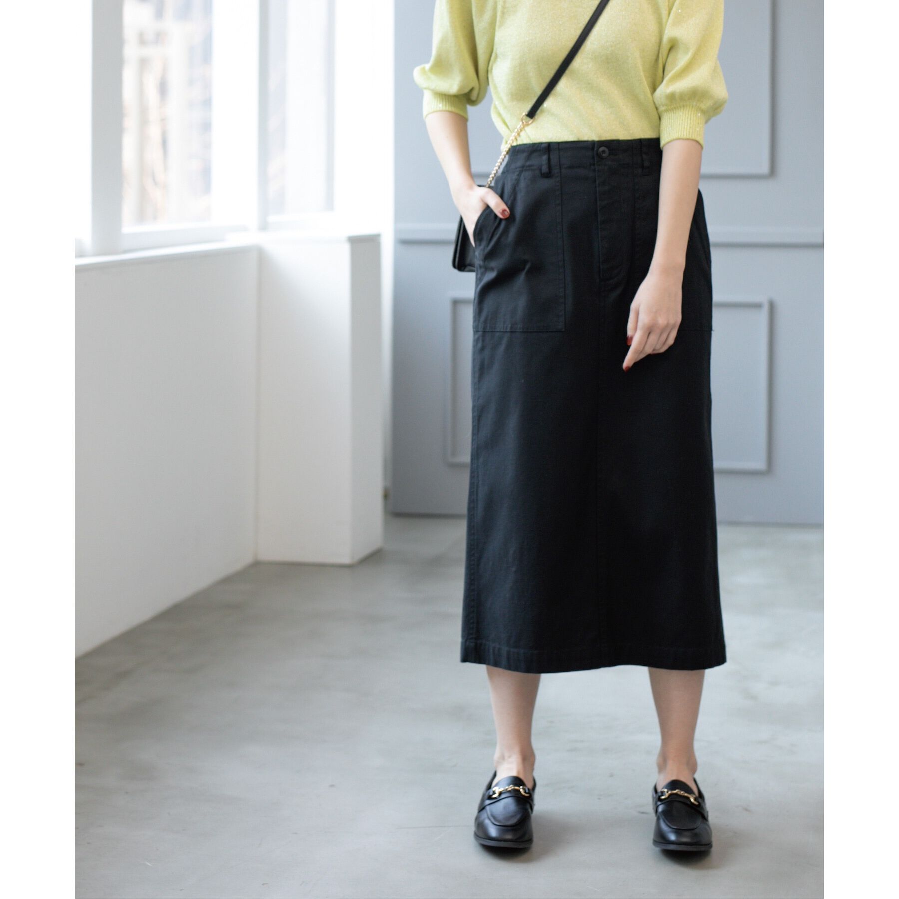 OPAQUE.CLIP「《S-LLsize》ストレッチベイカーナロースカート【洗濯機洗い可】」|スカート|ブラック(019)