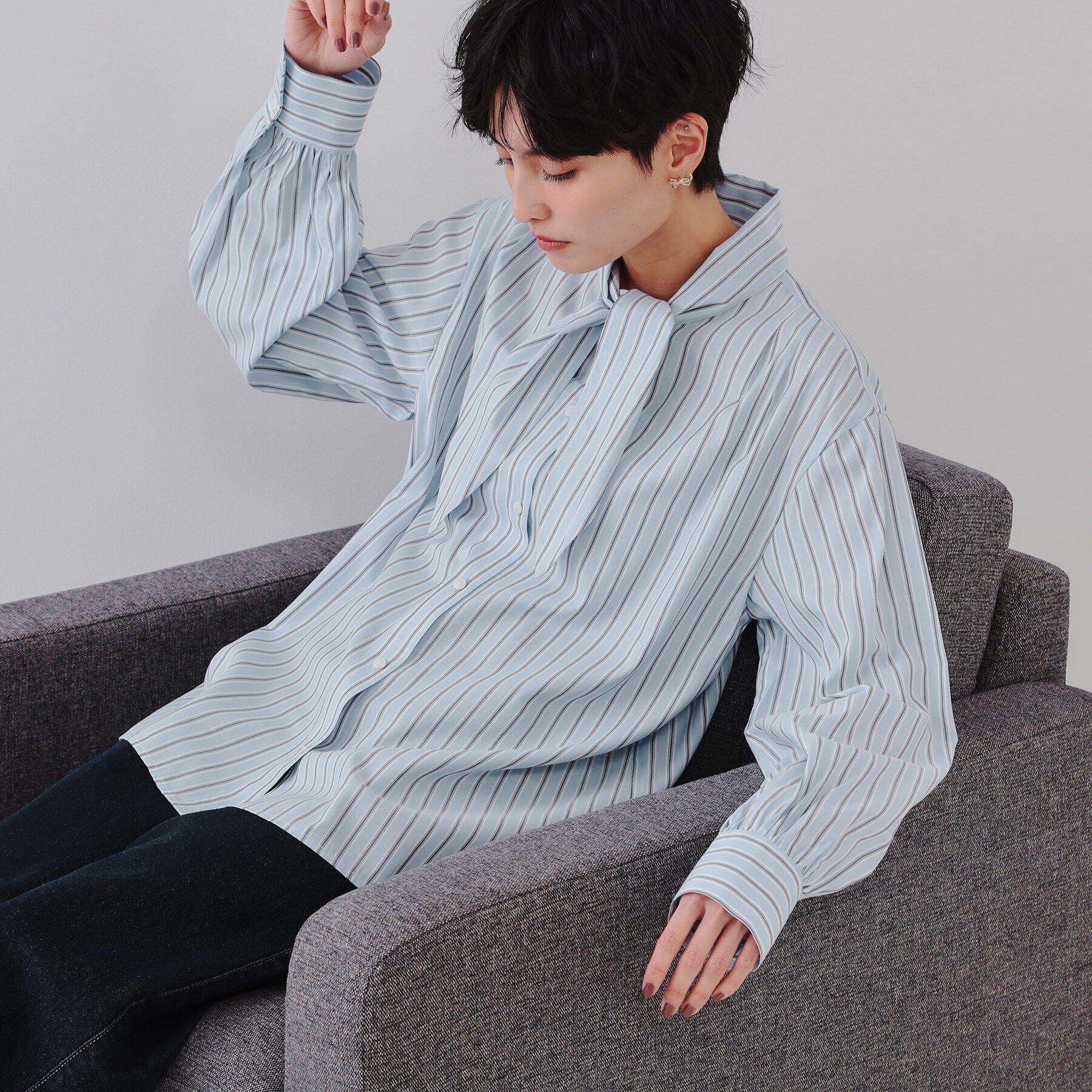 OPAQUE.CLIP「ストライプボウタイシャツ【洗濯機洗い可】」|シャツ・ブラウス|ブルー(391)