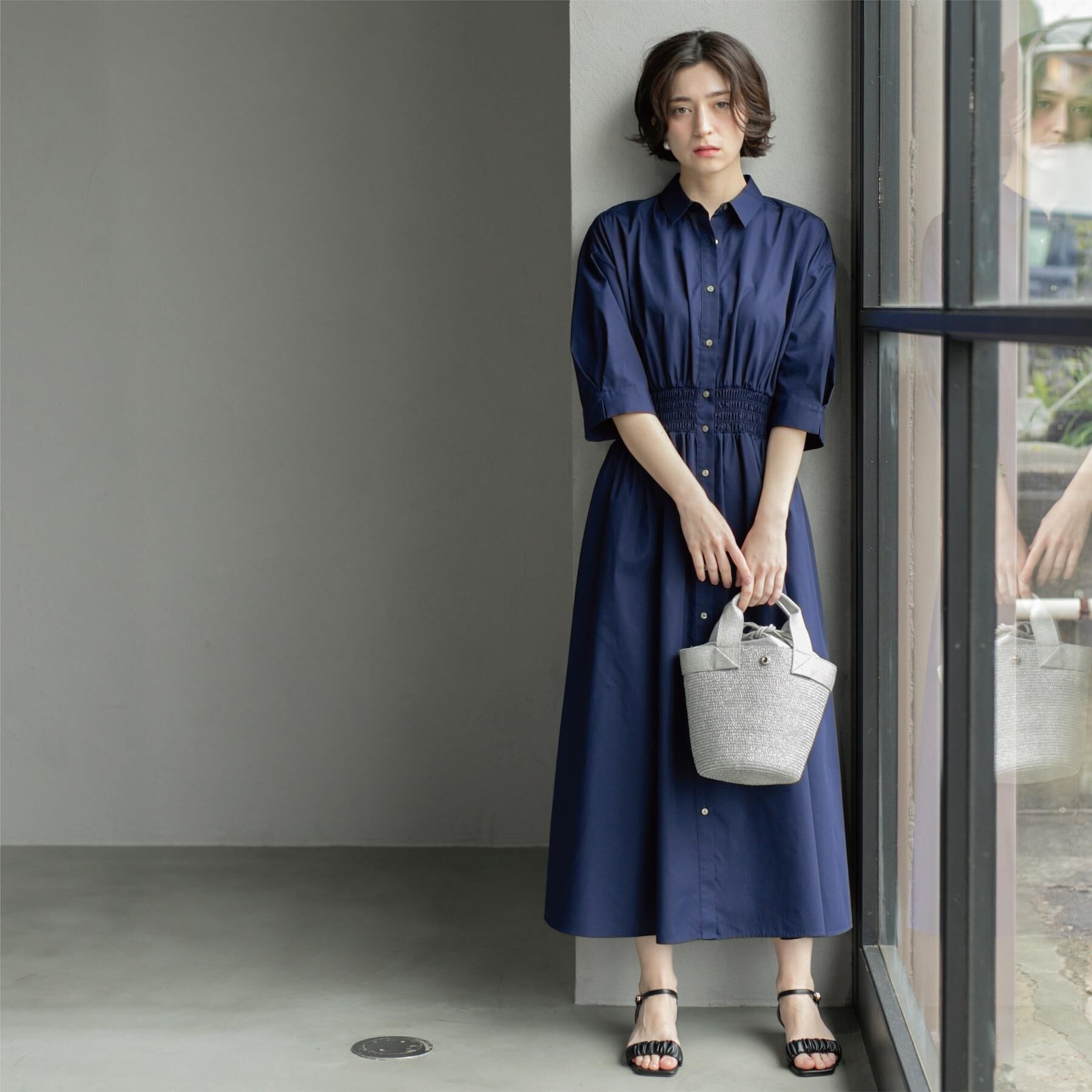 OPAQUE.CLIP「《5色展開》フィット＆フレアシャツワンピース【洗濯機洗い可】」|ワンピース|ネイビー(094)