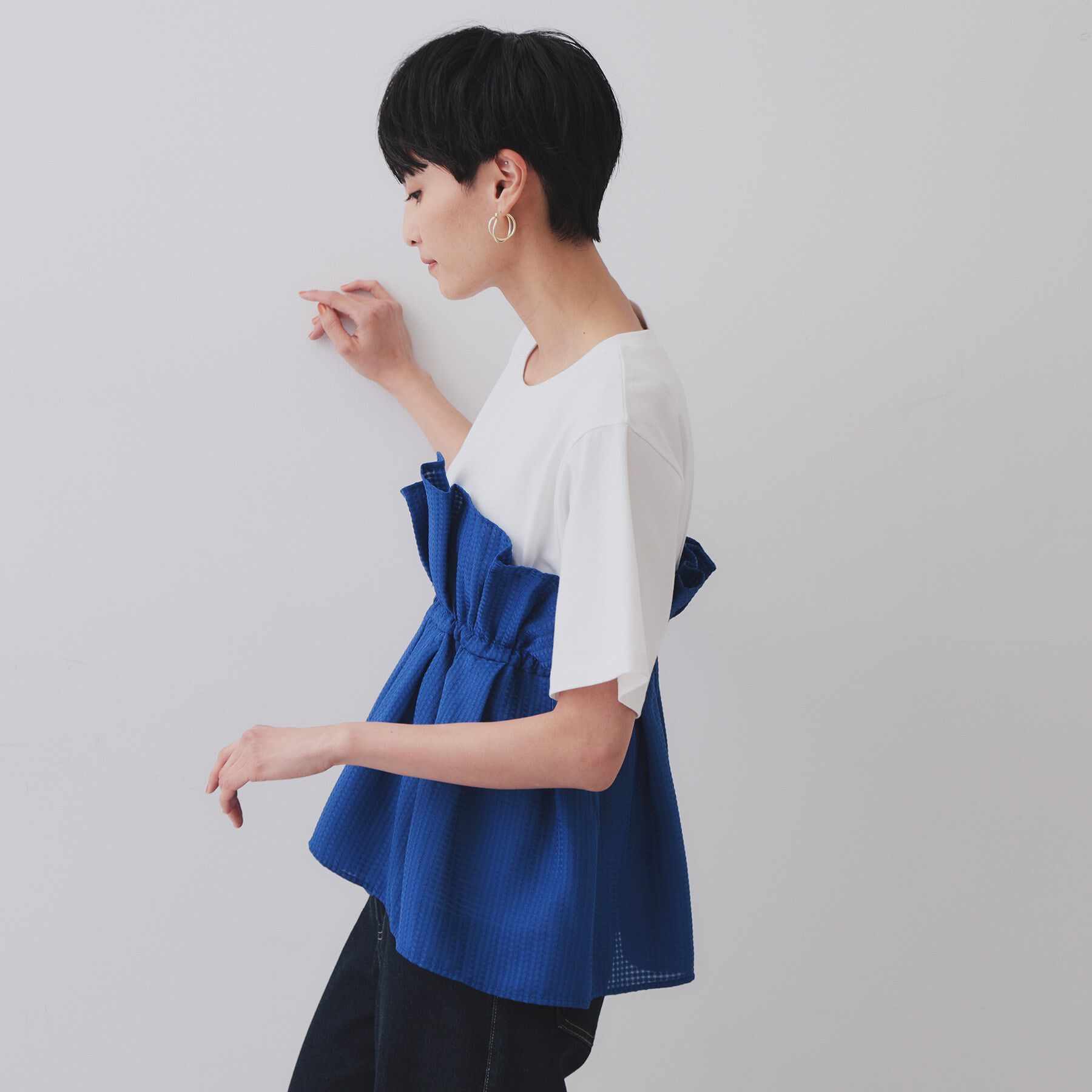 OPAQUE.CLIP「シアーギンガムドッキングペプラムカットソー【洗濯機洗い可】」|Tシャツ・カットソー|