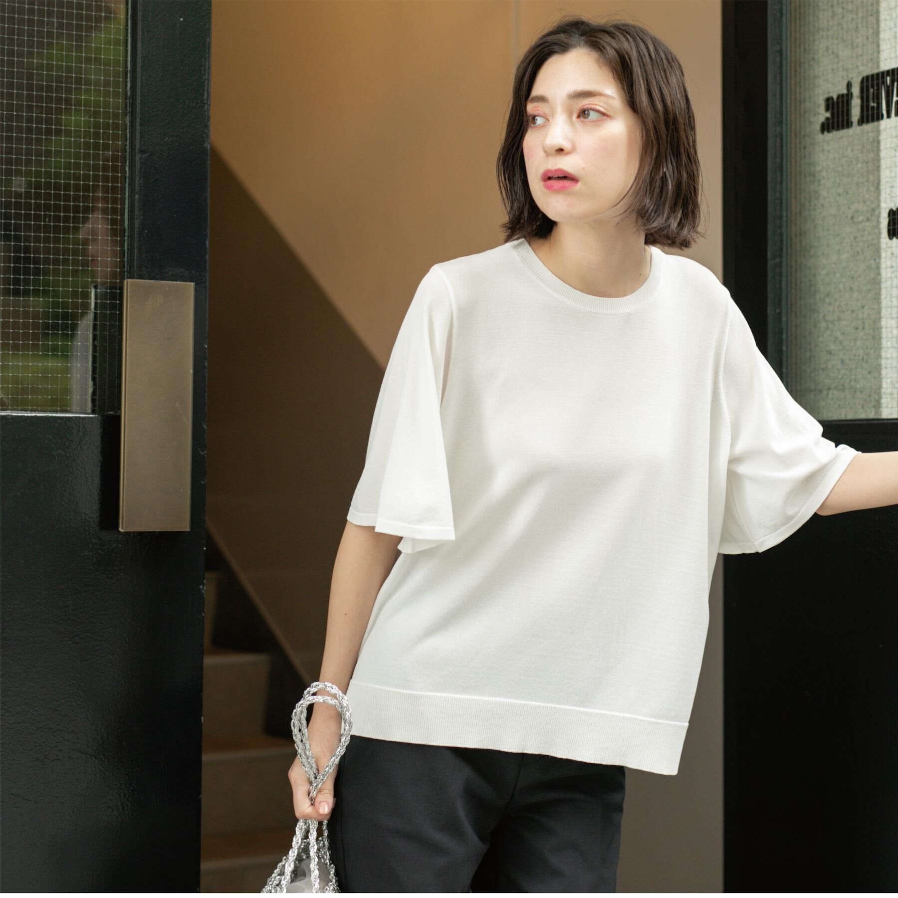 OPAQUE.CLIP「《6色展開/S-LLサイズ》フレアスリーブニット【UV/接触冷感/抗ピル/洗濯機洗い可】」|ニット・セーター|