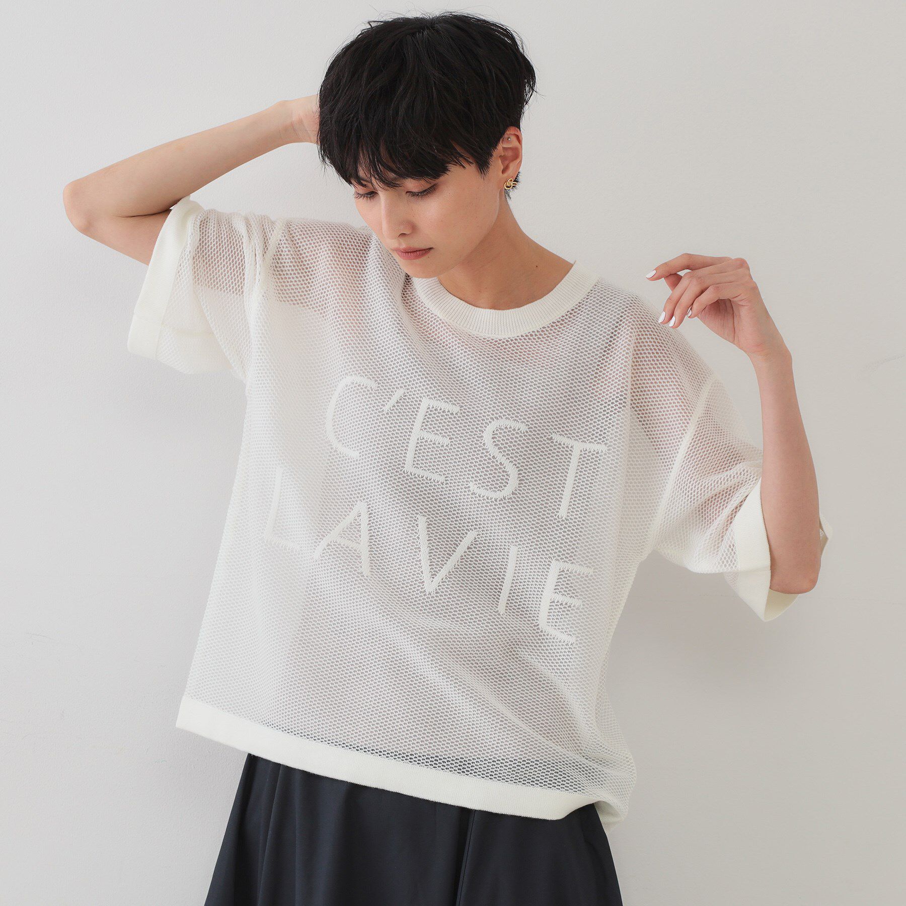 OPAQUE.CLIP「メッシュロゴニット【洗濯機洗い可】」|ニット・セーター|ホワイト(001)