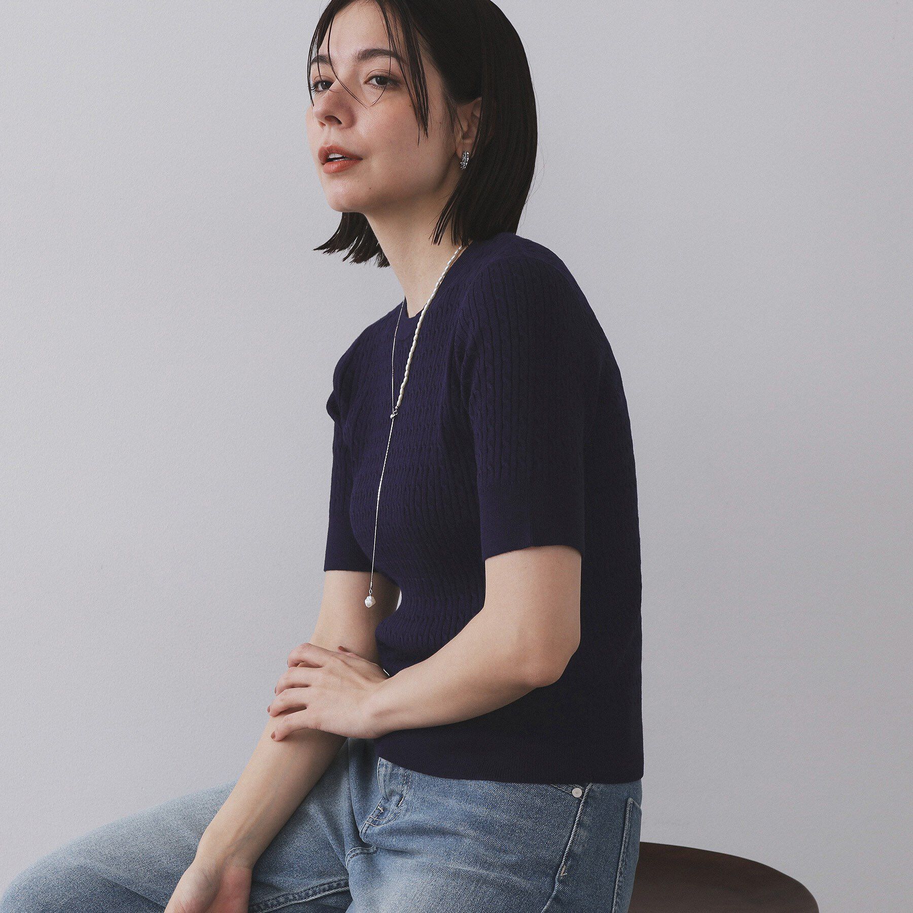 OPAQUE.CLIP「ケーブルハーフスリーブニット【UVケア/洗濯機OK】《6col/S～LL》」|ニット・セーター|