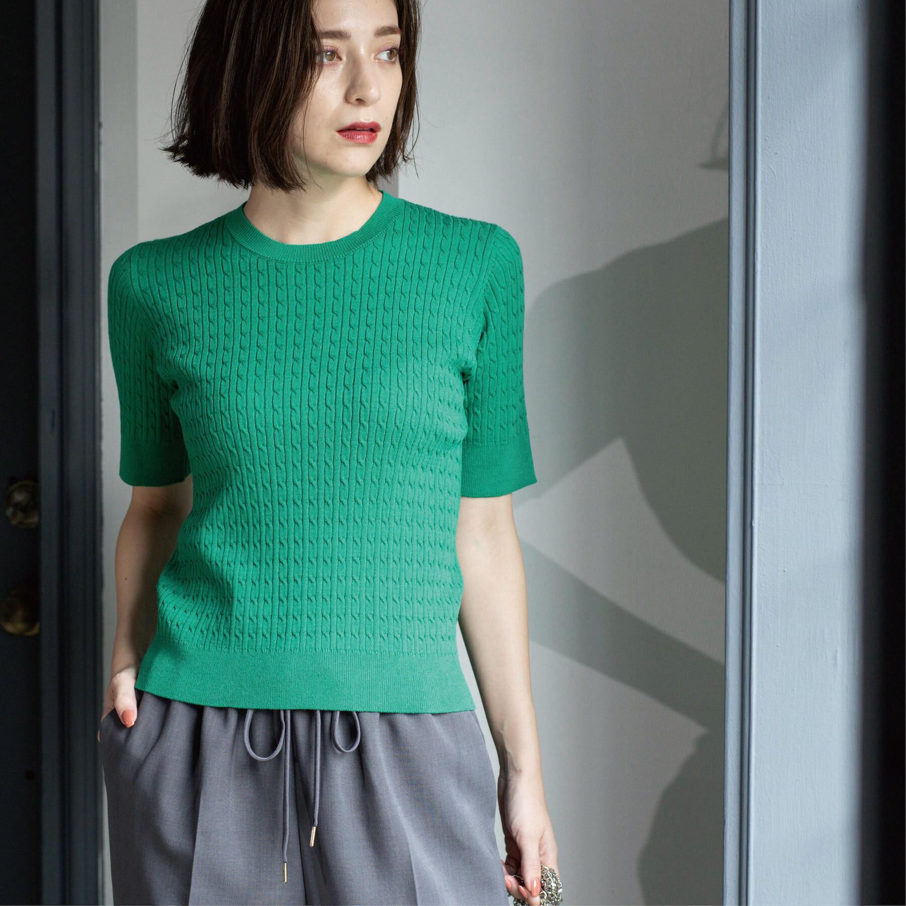 OPAQUE.CLIP「ケーブルハーフスリーブニット【UVケア/洗濯機OK】《6col/S～LL》」|ニット・セーター|グリーン(022)