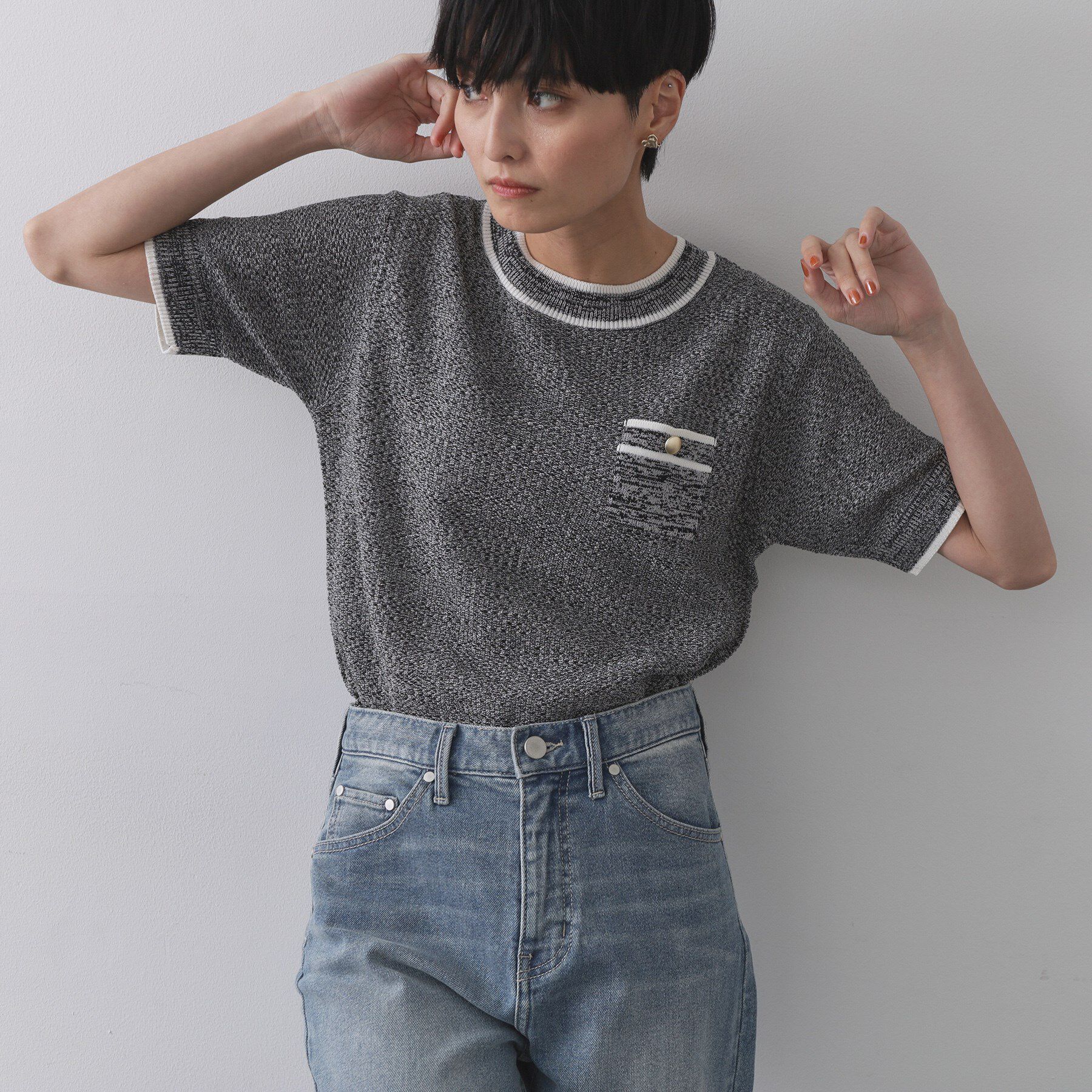 OPAQUE.CLIP「ツイードライクポケット付きニット【洗濯機洗い可/抗ピル】」|ニット・セーター|ブラック(019)