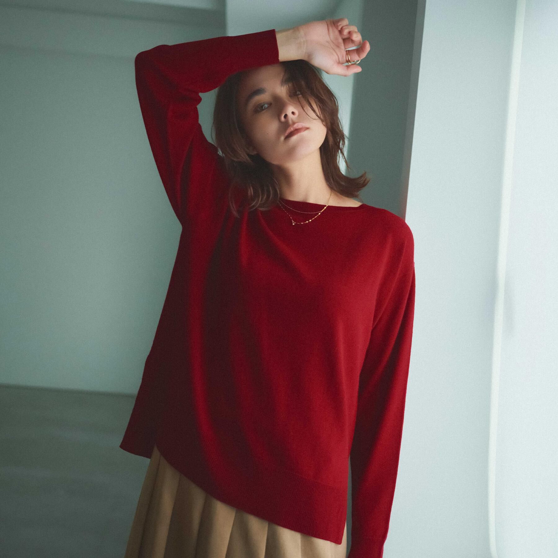 OPAQUE.CLIP「ボートネックニット/エクストラファインメリノウール【THEシリーズ/洗濯機OK】」|ニット・セーター|レッド(063)