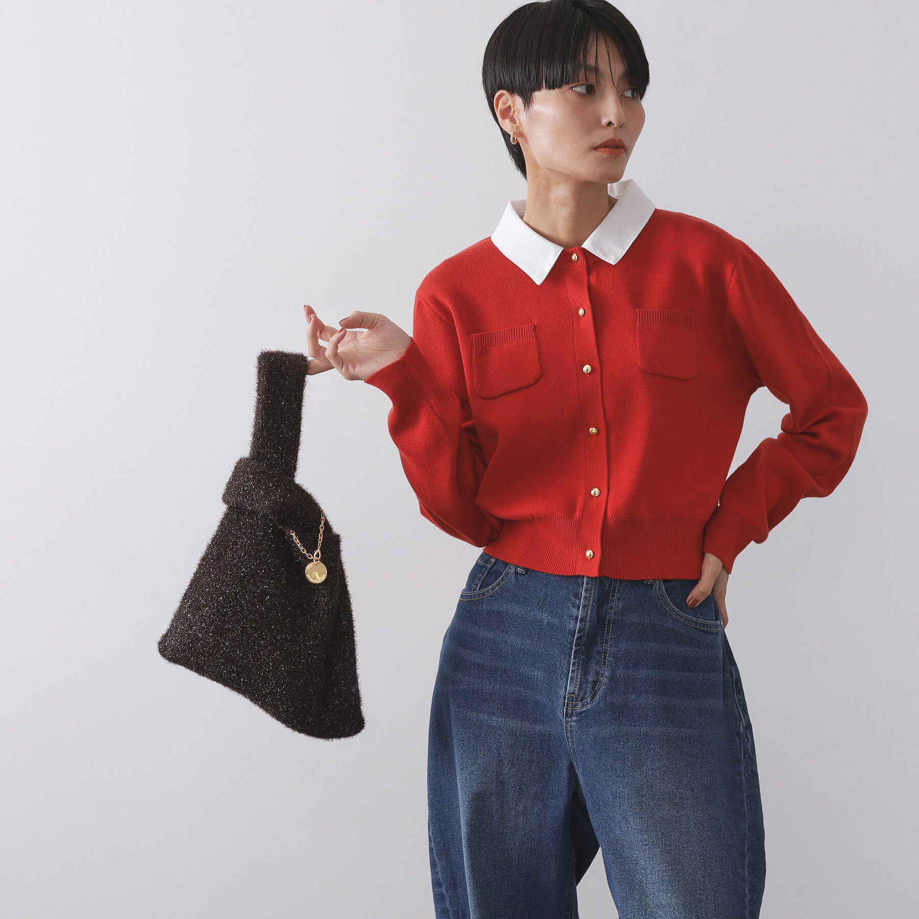 OPAQUE.CLIP「メタルチャーム付きラメニットバッグ」|トートバッグ|