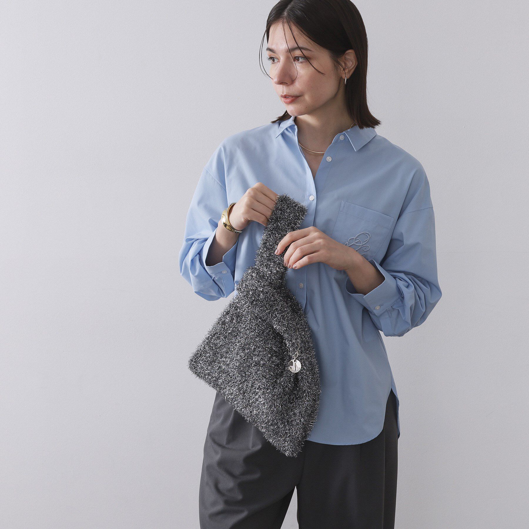 OPAQUE.CLIP「メタルチャーム付きラメニットバッグ」|トートバッグ|ブラックシルバー(0