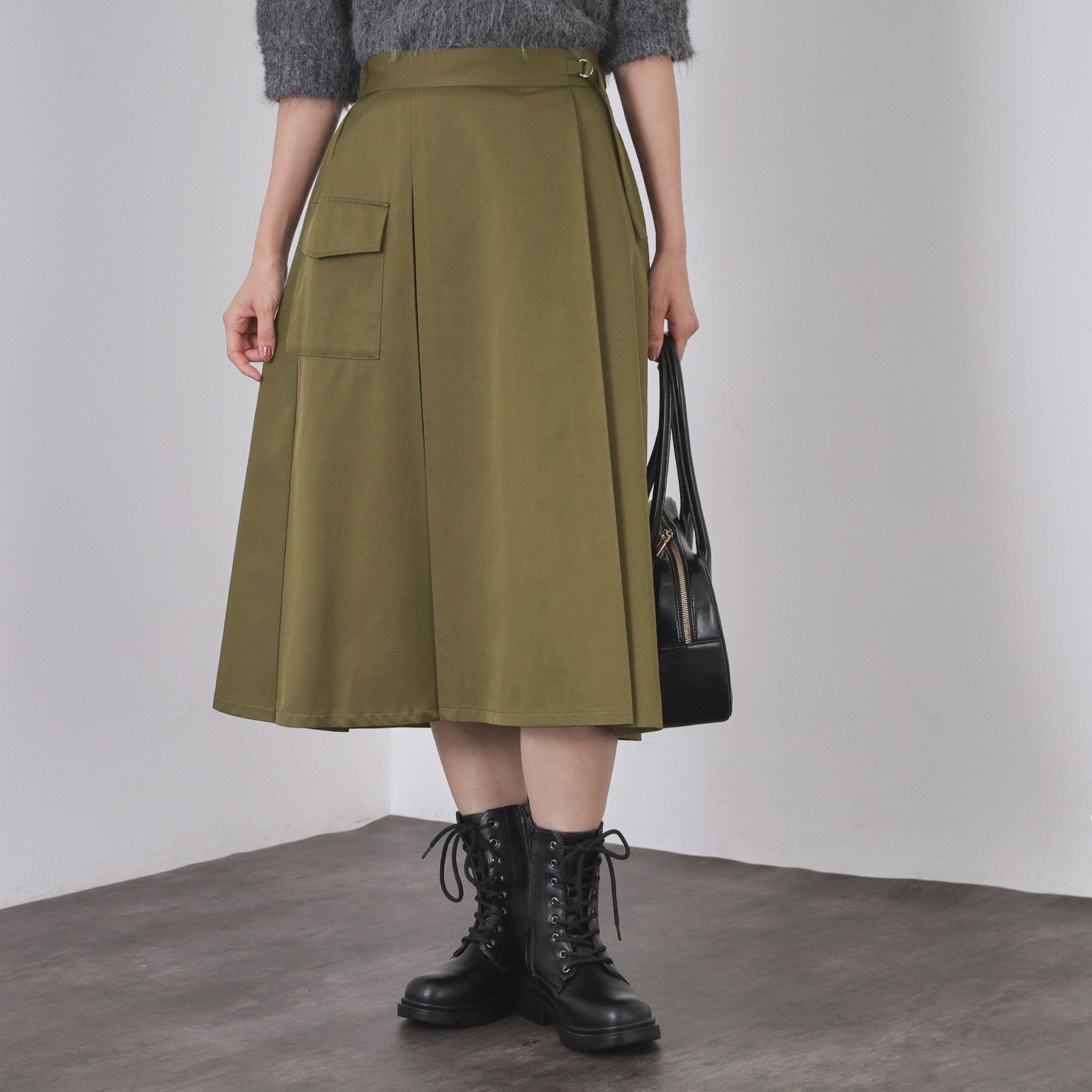 OPAQUE.CLIP「アシメプリーツスカート【洗濯機OK】」|スカート|カーキ(027)