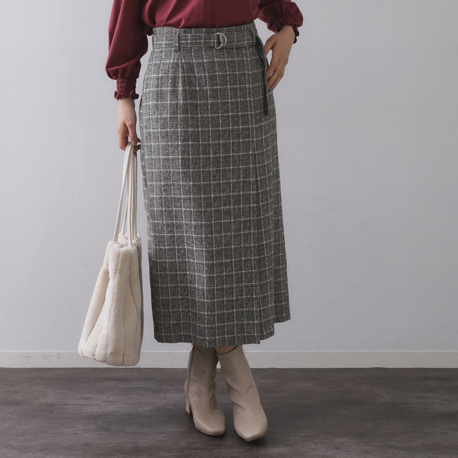 OPAQUE.CLIP「チェックツイード ラップ風ナロースカート【洗濯機OK】」|スカート|ブラック(219)