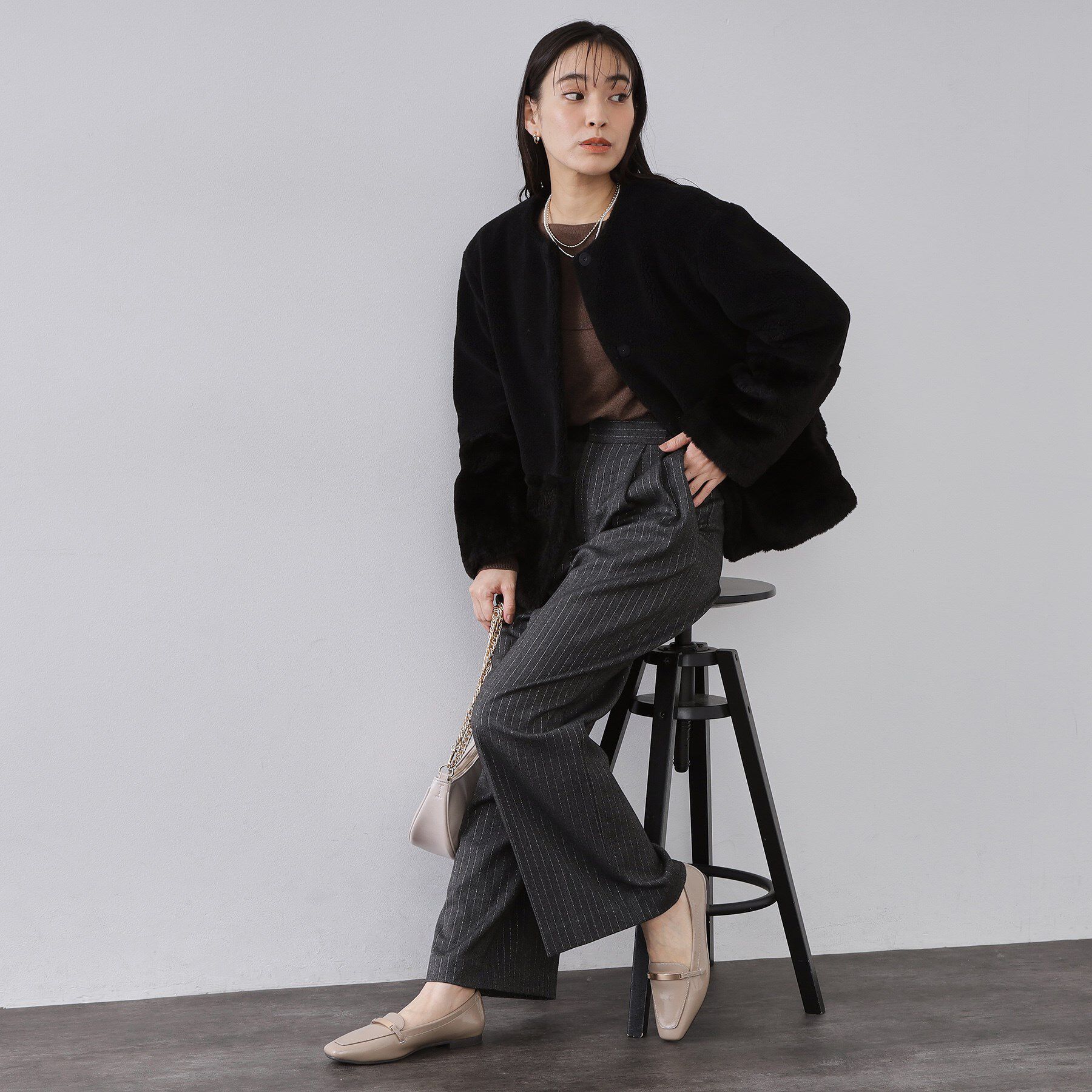 OPAQUE.CLIP「フェイクボア切替ショートコート」|ノーカラーコート|