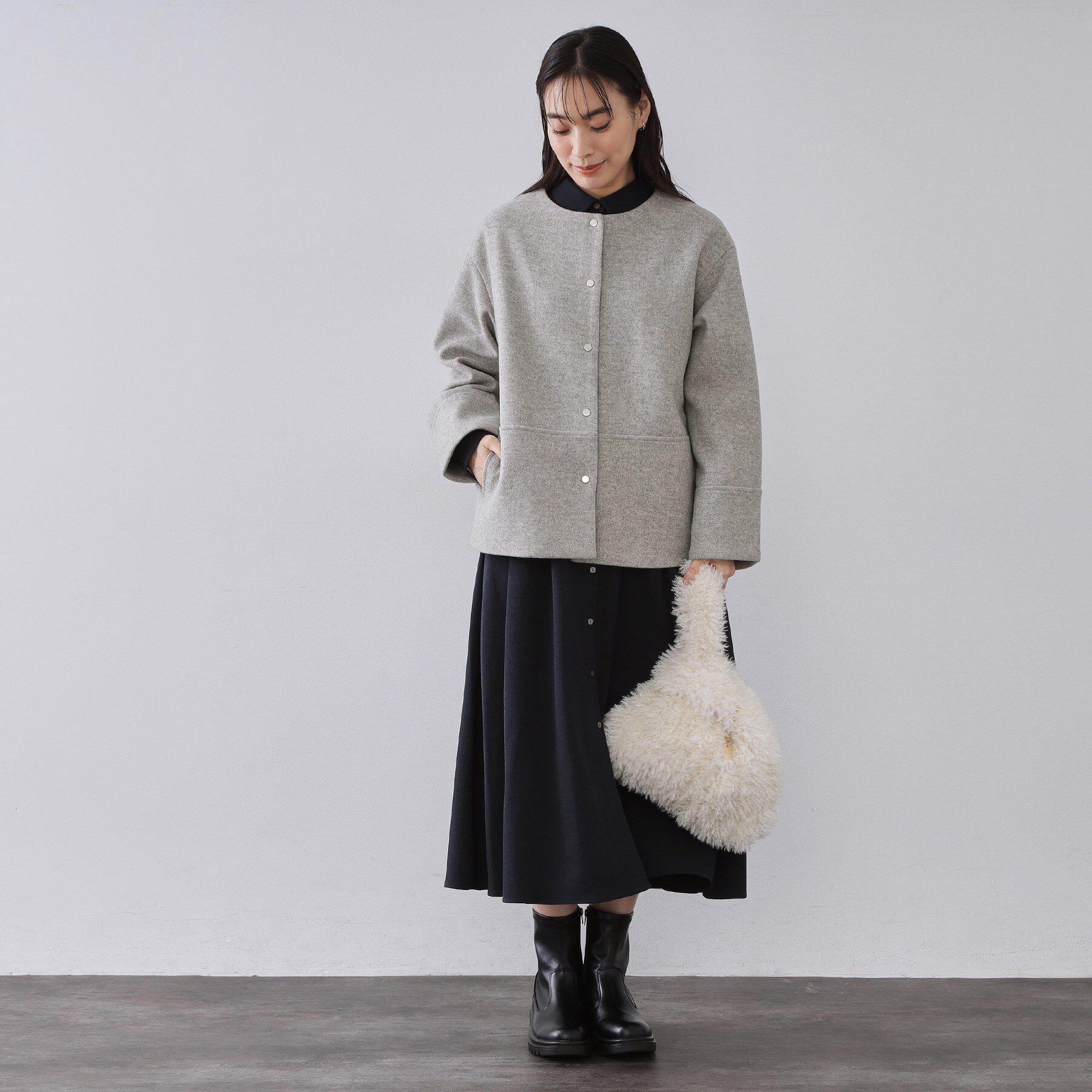 OPAQUE.CLIP「ウールライクメルトン ノーカラーコート【洗濯機OK】」|ノーカラーコート|