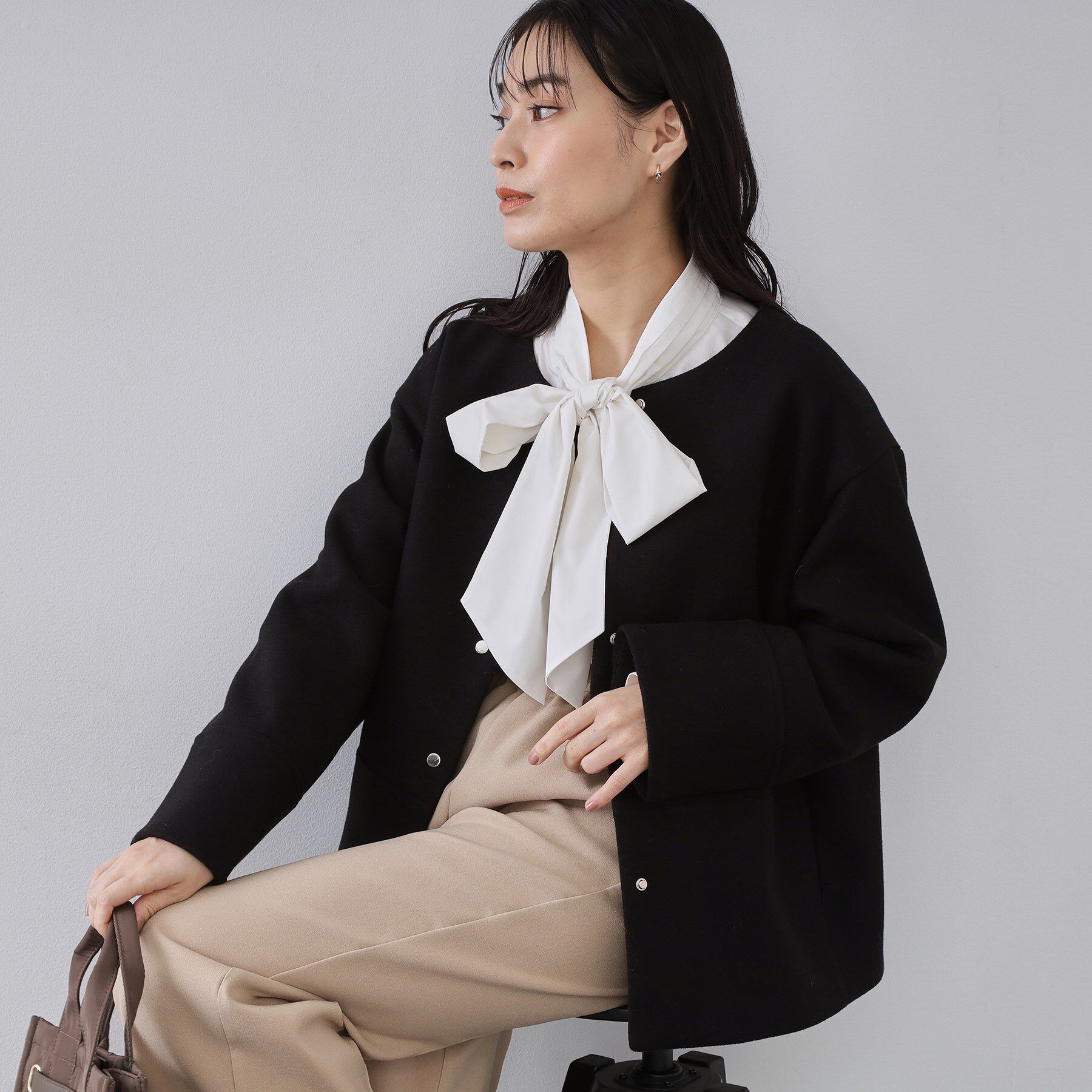 OPAQUE.CLIP「ウールライクメルトン ノーカラーコート【洗濯機OK】」|ノーカラーコート|ブラック(019)