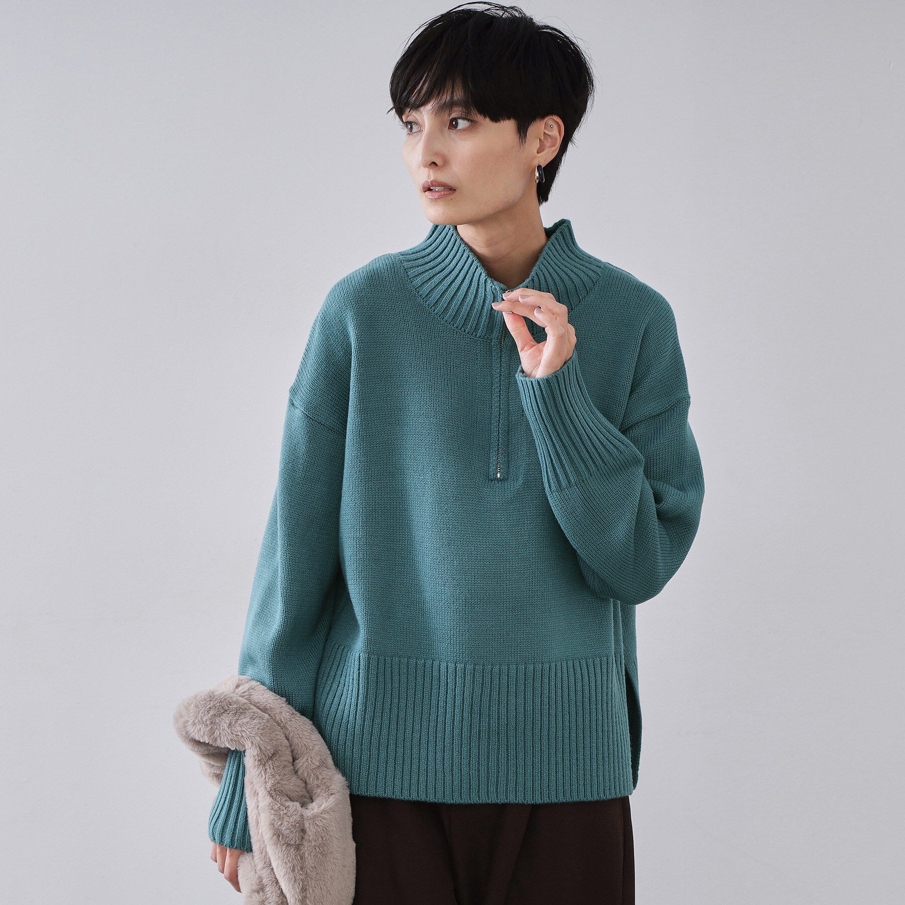 OPAQUE.CLIP「ハーフジップミドルゲージニット【洗濯機OK】」|ニット・セーター|ブルーグリーン(09