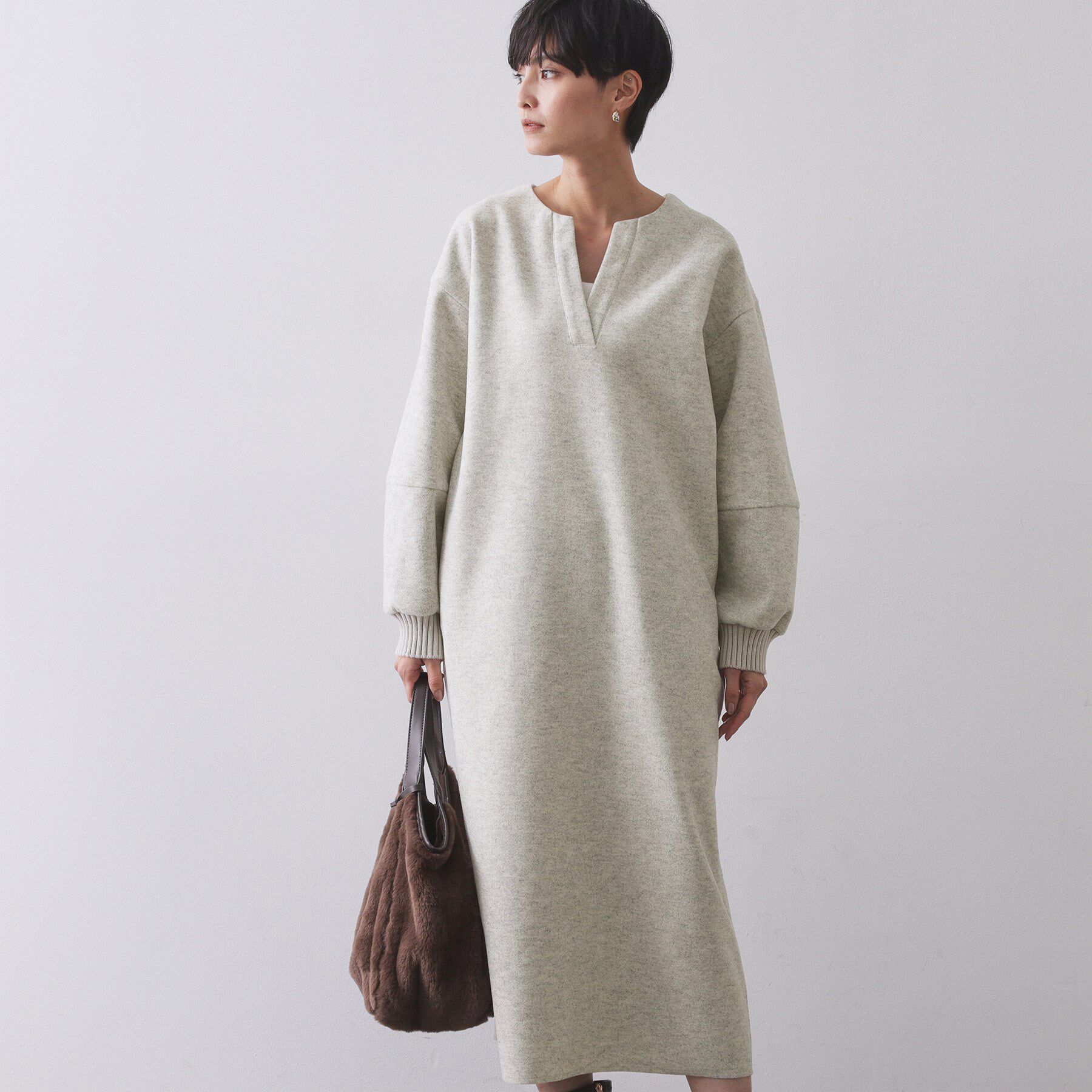 OPAQUE.CLIP「ストレッチメルトンキーネックワンピ【洗濯機OK】」|ワンピース|グレー(012)