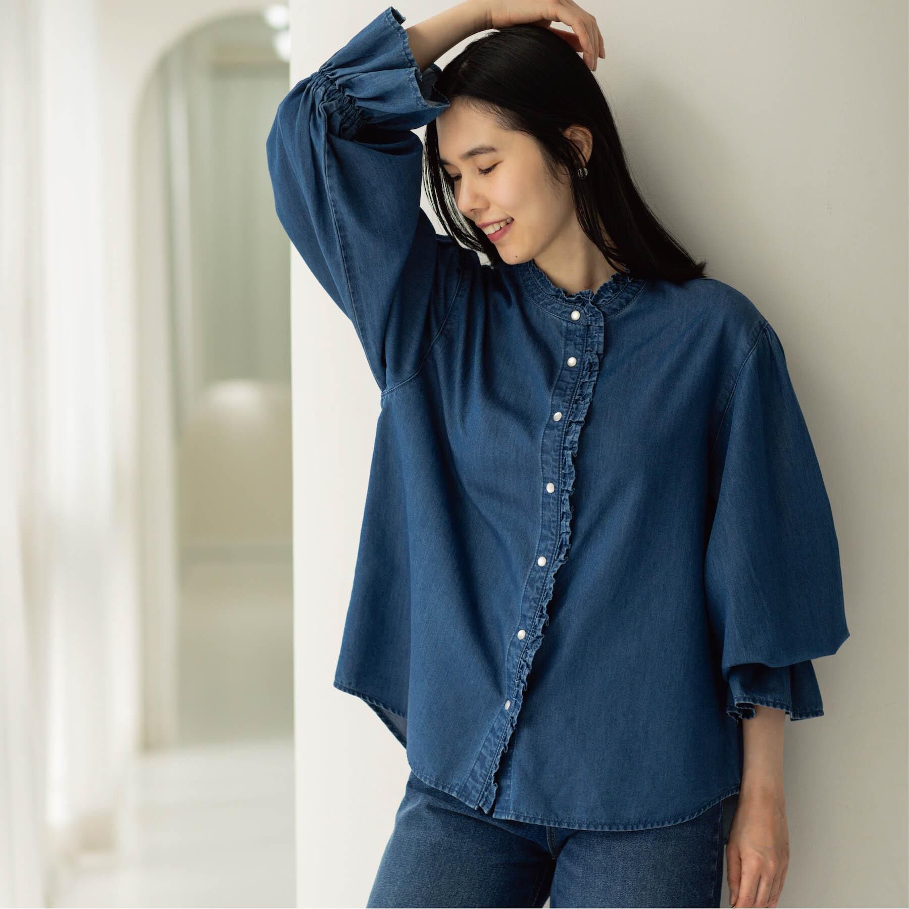 OPAQUE.CLIP「セルロース混デニムフリルブラウス【洗濯機OK】」|シャツ・ブラウス|ブルー(093)