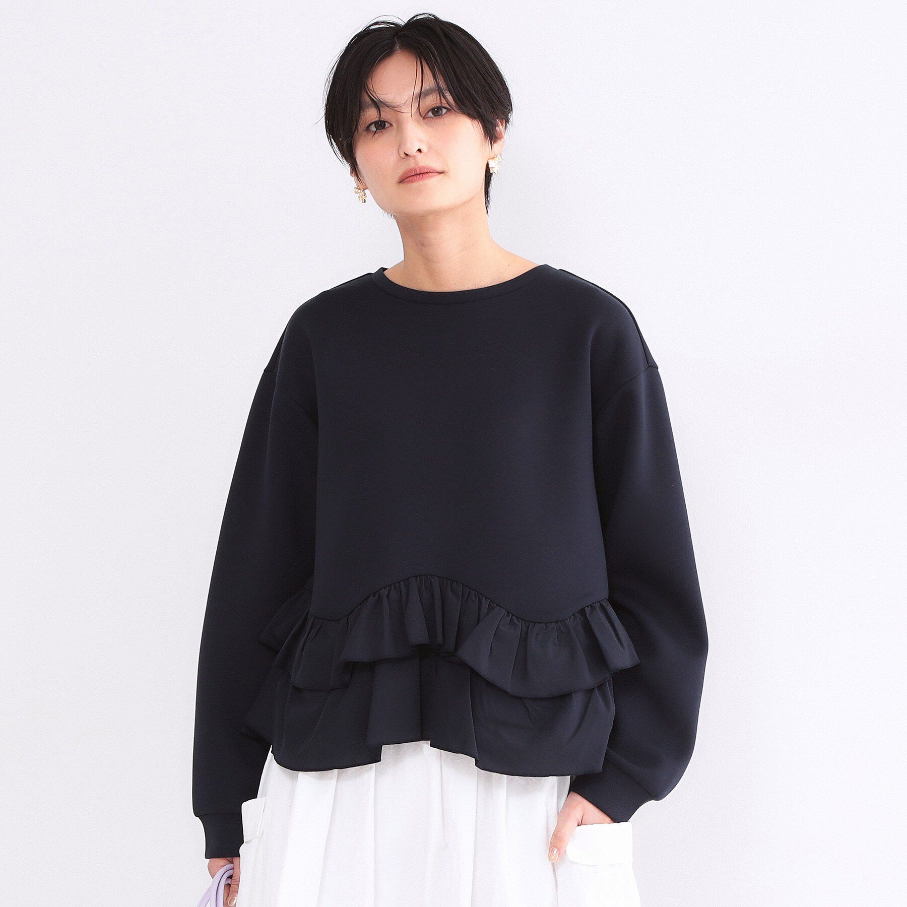 OPAQUE.CLIP「裾フリルドッキングトップス【洗濯機OK】」|Tシャツ・カットソー|ネイビー(094)