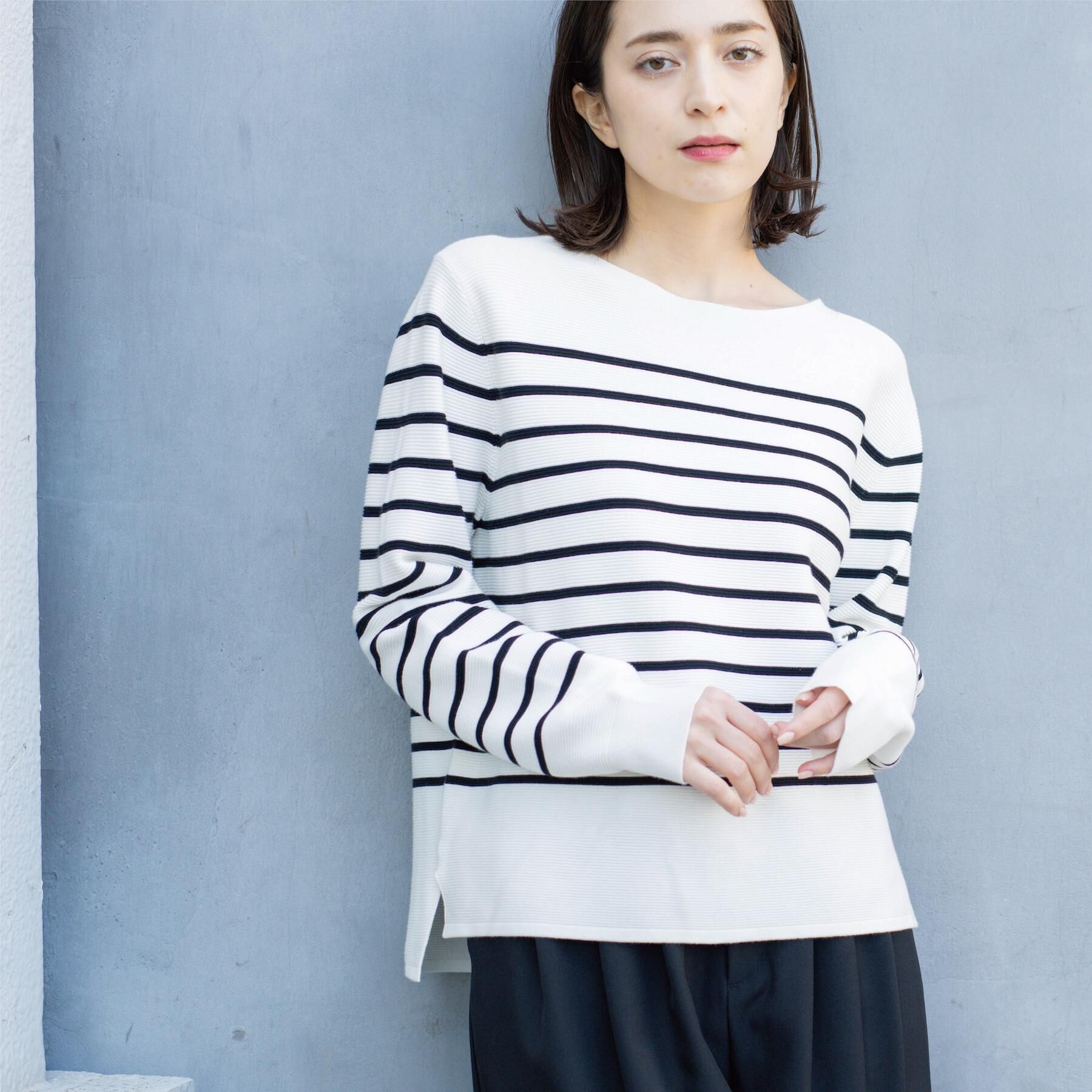 OPAQUE.CLIP「ボートネックガーターニット/オーガニックコットン混【洗濯機OK/UVケア】《6col》」|ニット・セーター|ホワイト(301)