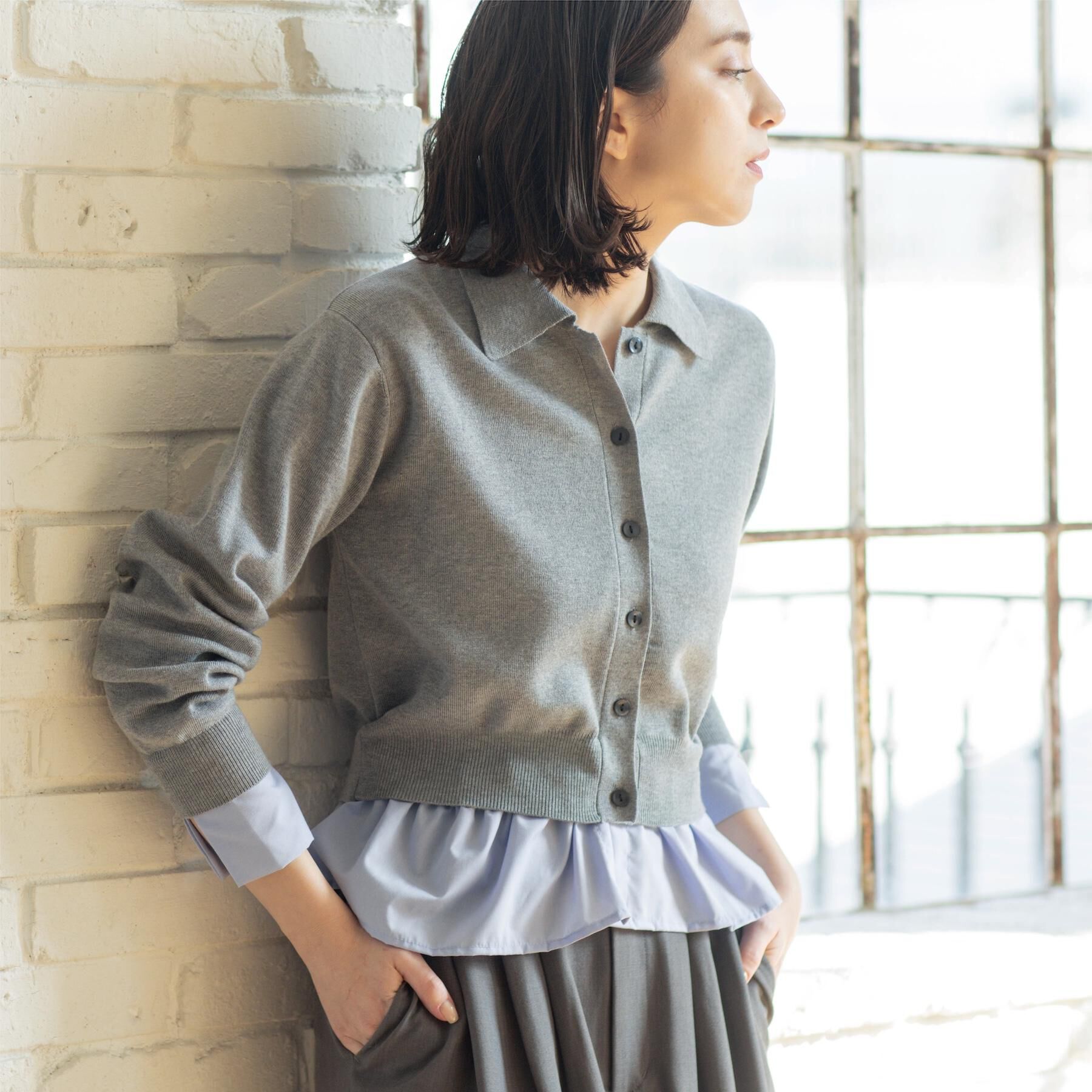 OPAQUE.CLIP「ポロ衿シャツドッキングニット【洗濯機OK】」|カーディガン|グレー(012)