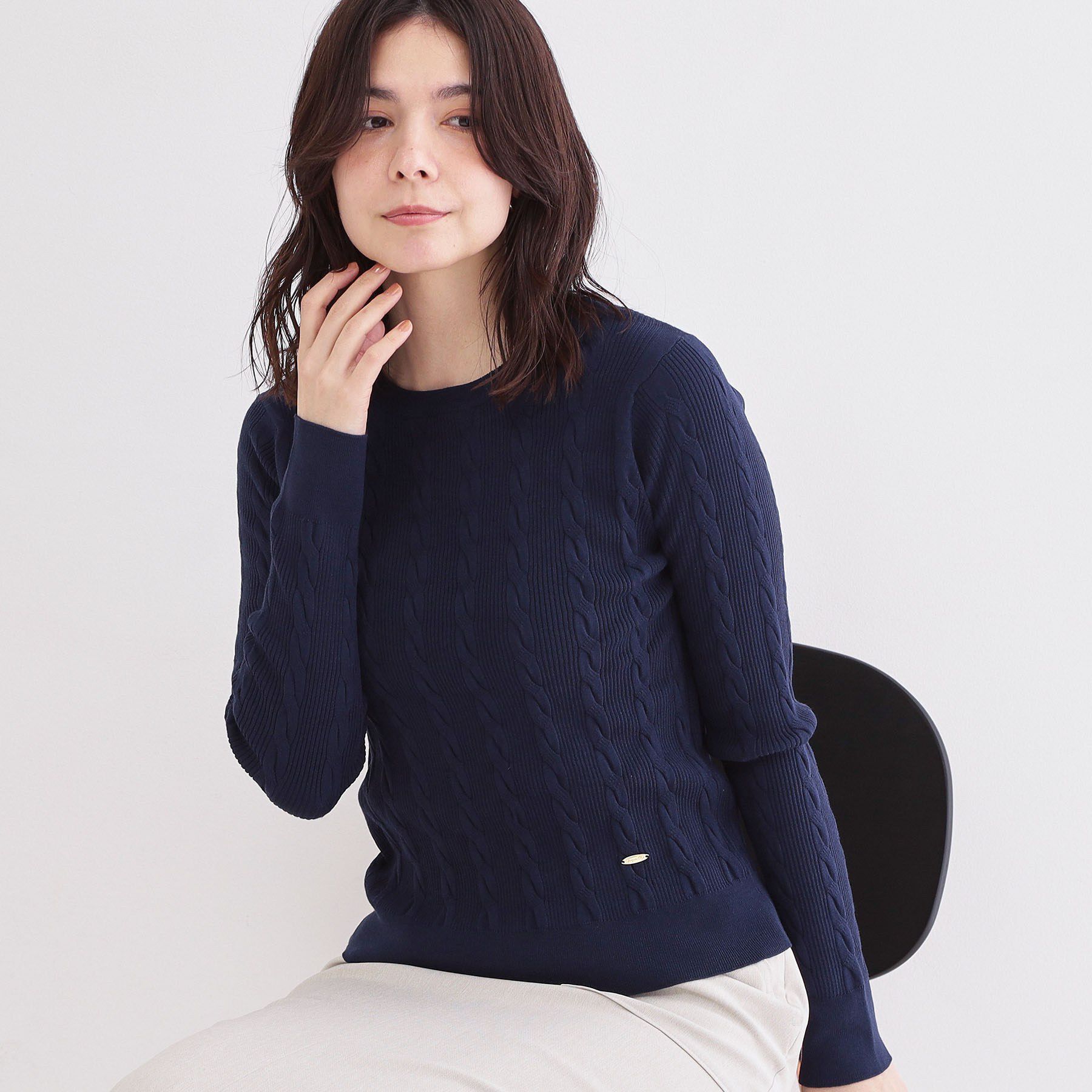 OPAQUE.CLIP「ケーブル編みニット【洗濯機OK】」|ニット・セーター|ネイビー(094)