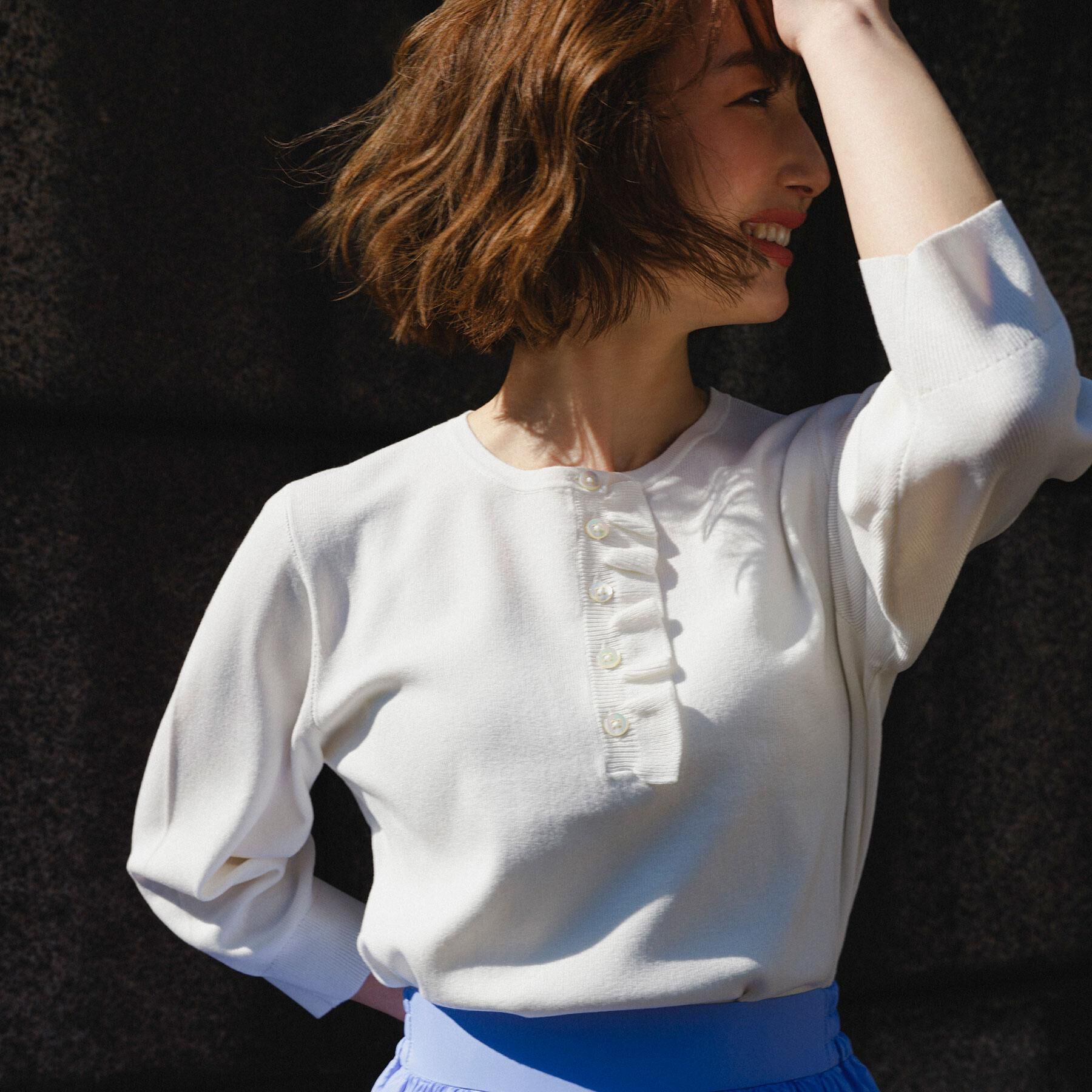 OPAQUE.CLIP「フリルヘンリーネックニット【洗濯機OK/抗ピル】」|ニット・セーター|ホワイト(001)