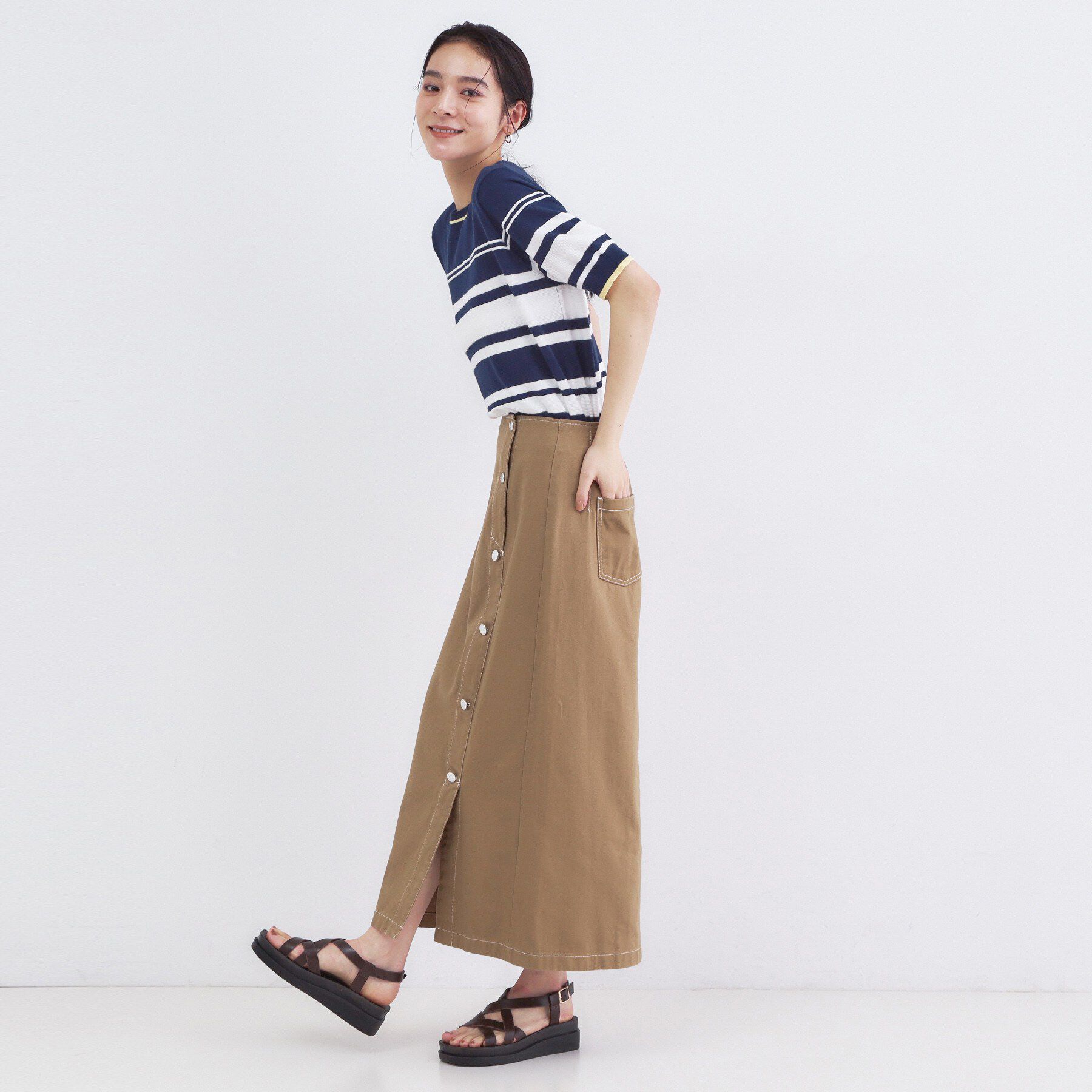 OPAQUE.CLIP「ランダムボーダーハーフスリーブニット【洗濯機OK】」|ニット・セーター|