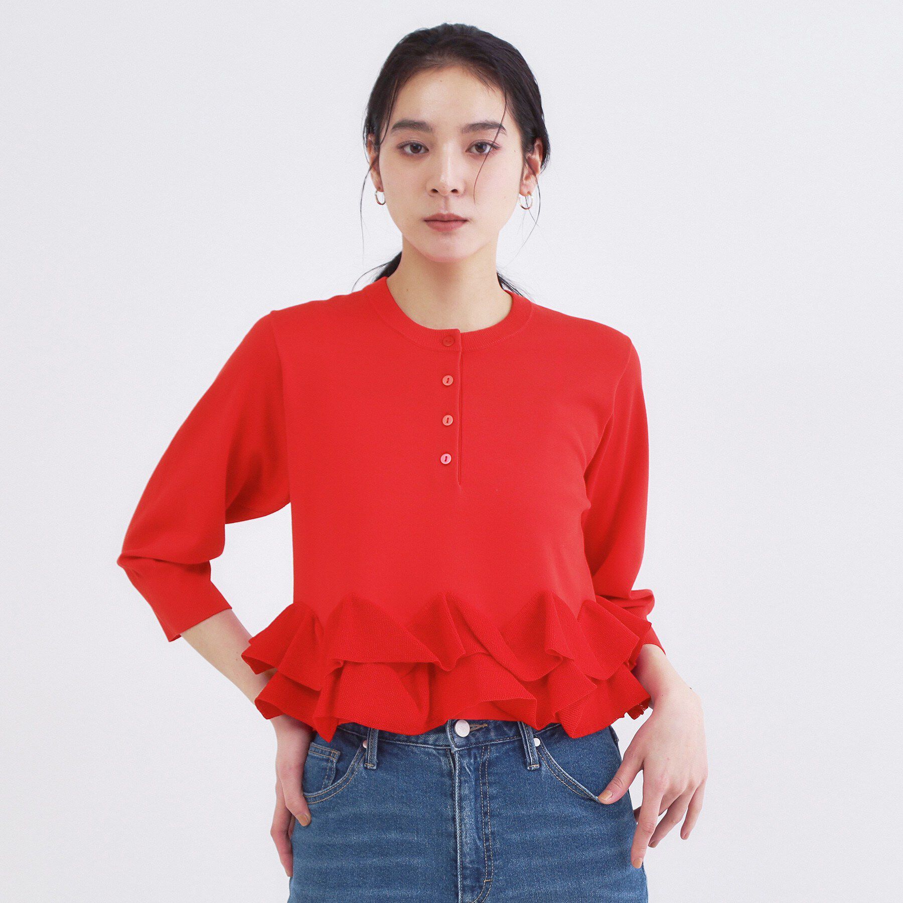 OPAQUE.CLIP「裾フリルヘンリーネックニット【洗濯機OK】」|ニット・セーター|