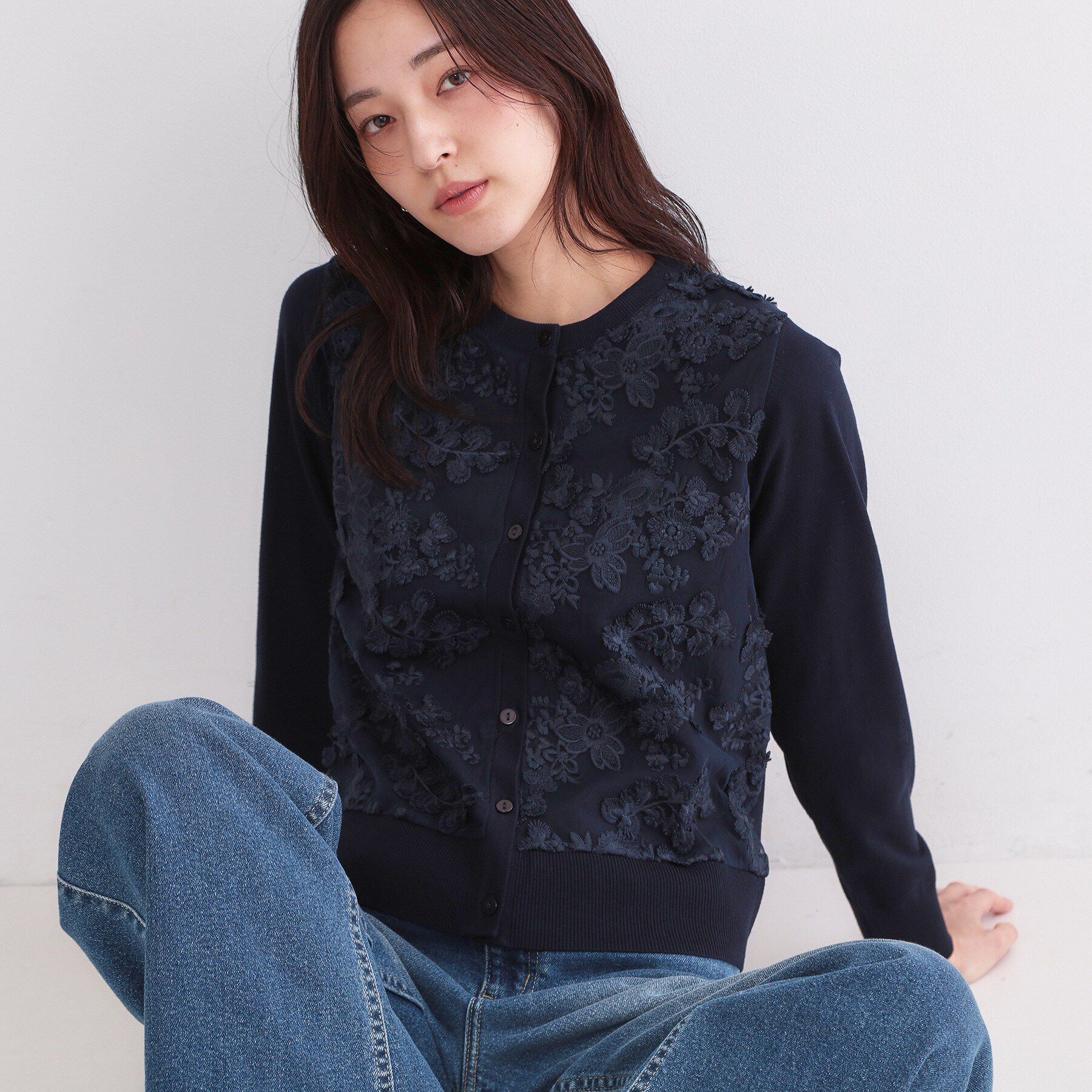 OPAQUE.CLIP「チュールレースニットカーディガン【洗える】」|カーディガン|ネイビー(094)