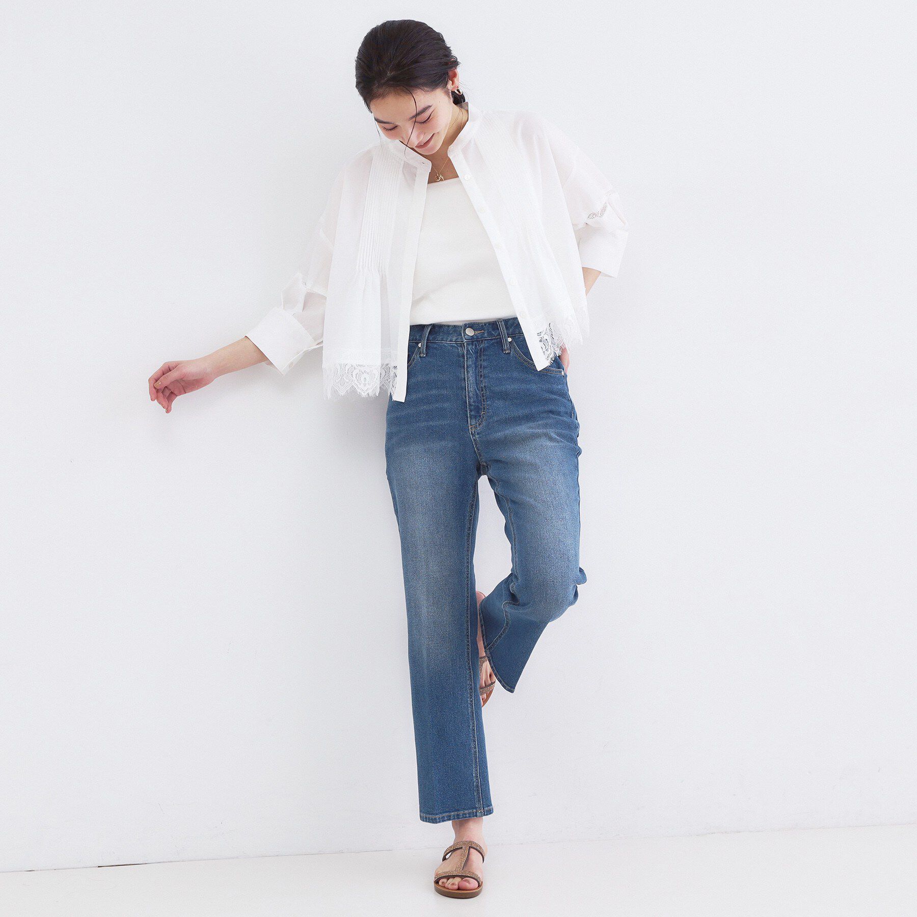 OPAQUE.CLIP「裾レース使いピンタックショートシャツ【洗濯機OK】」|シャツ・ブラウス|