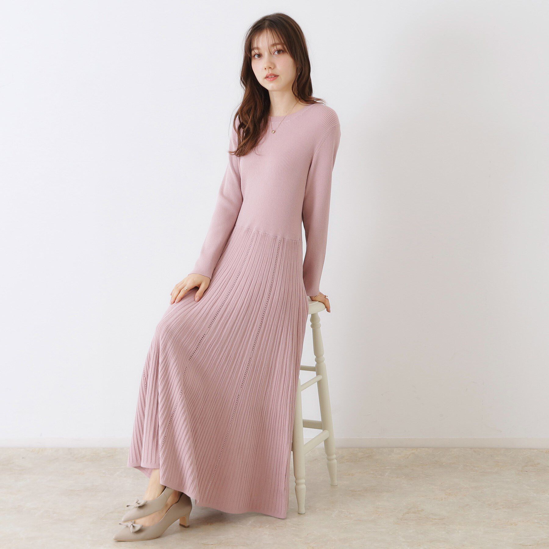 Couture broach「【上品な落ち感・美シルエット】アイレットリブデザインニットワンピース」|ワンピース|
