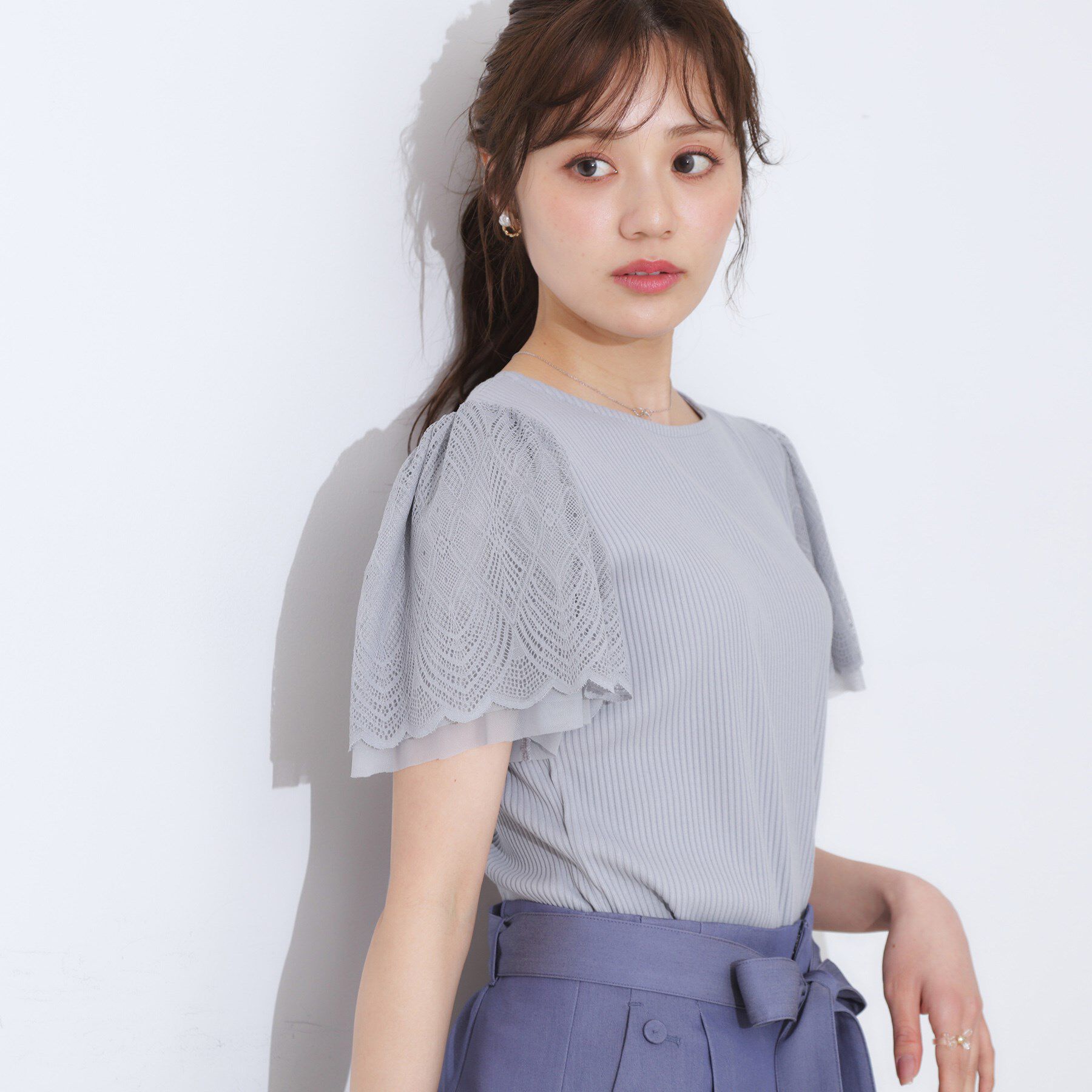Couture broach「【二の腕カバー・通勤】レース袖テレコトップス」|Tシャツ・カットソー|サックスブルー(09