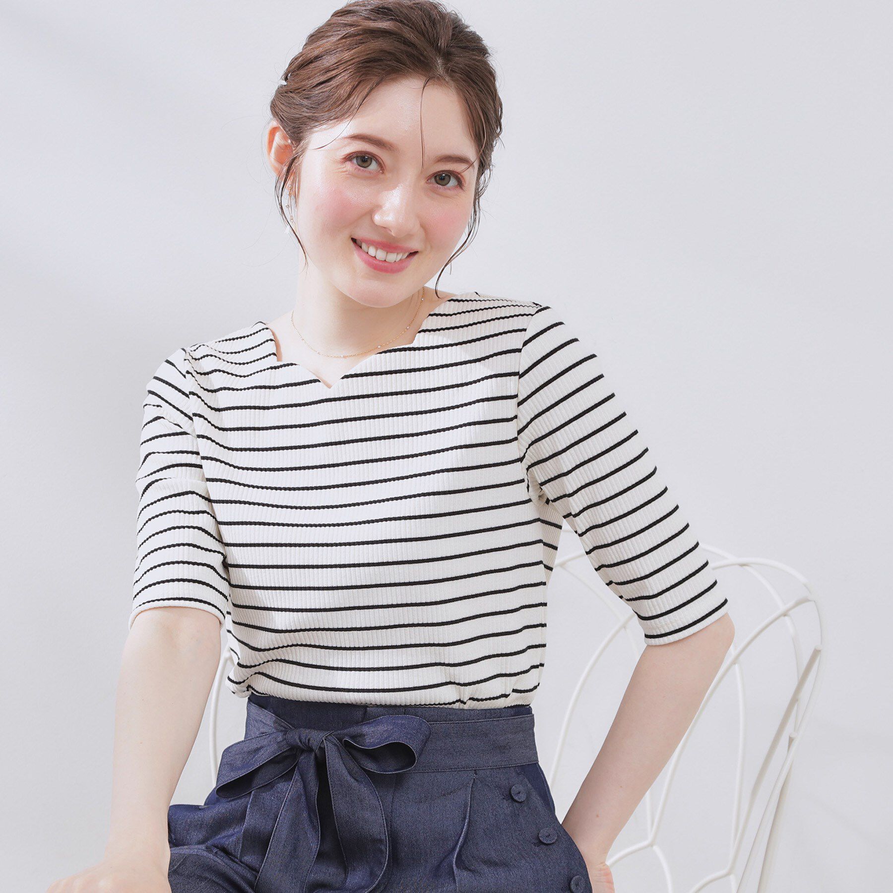 Couture broach「【マシンウォッシャブル・アンチピリング・二の腕カバー】ハートネックテレコ5分袖プルオーバー」|Tシャツ・カットソー|