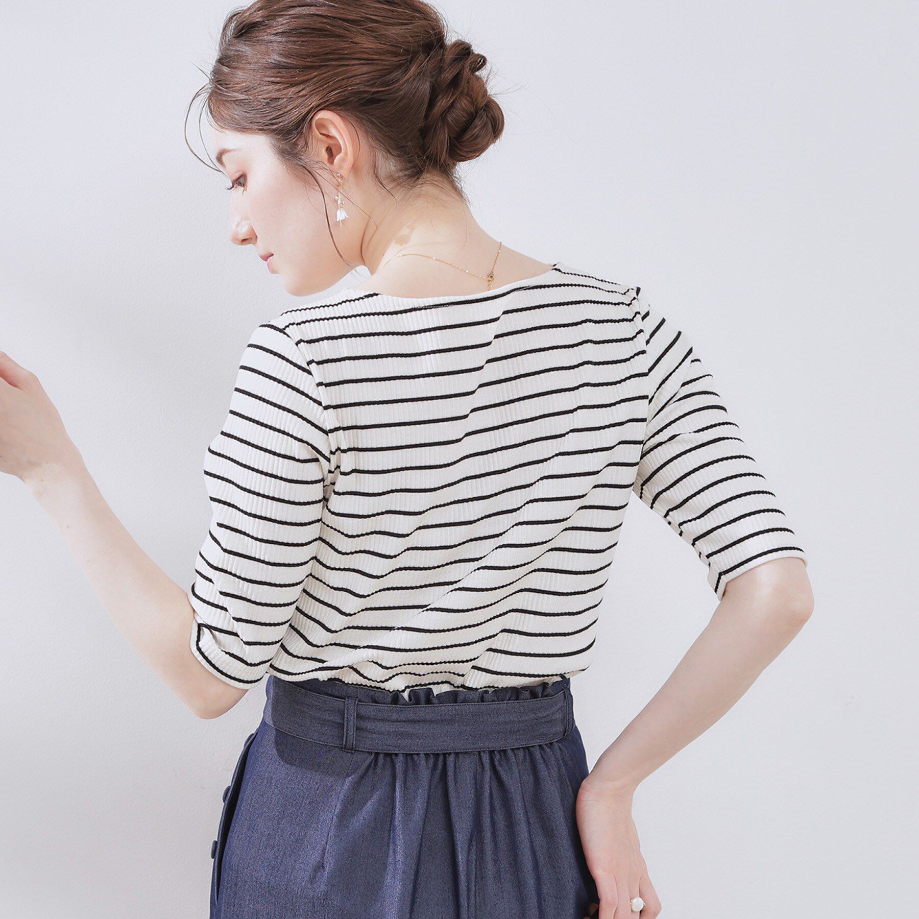 Couture broach「【マシンウォッシャブル・アンチピリング・二の腕カバー】ハートネックテレコ5分袖プルオーバー」|Tシャツ・カットソー|