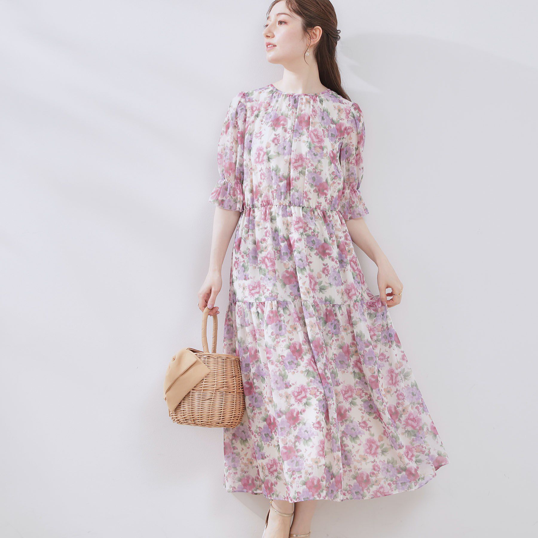 Couture broach「【一枚で着映える・大人可愛い】かすれプリント楊柳ワンピース」|ワンピース|ピンク(171)