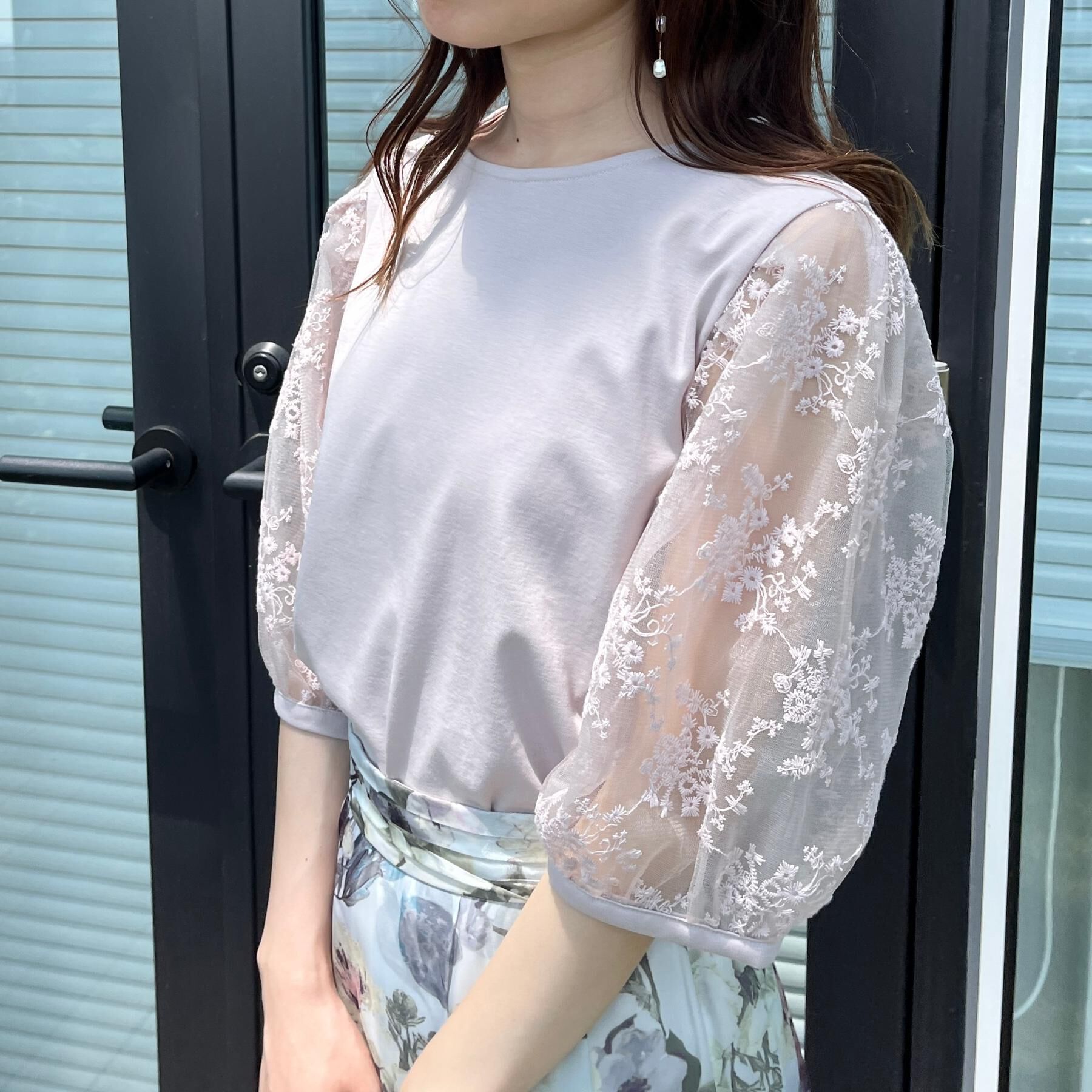 Couture broach「【接触冷感・UV・マシンウォッシャブル】袖レースデザイントップス」|Tシャツ・カットソー|